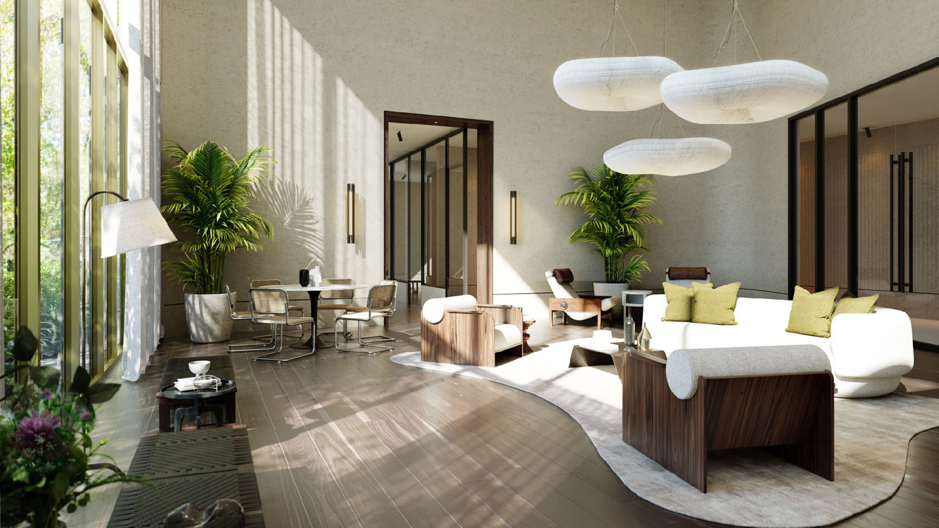 2200 Brickell in Brickell, Miami, Florida double-height living room with floor-to-ceiling glass, sculptural pendant lights, white sofa and dining nook, highlighting luxury and ultra luxury preconstruction condos with airy open-plan design.