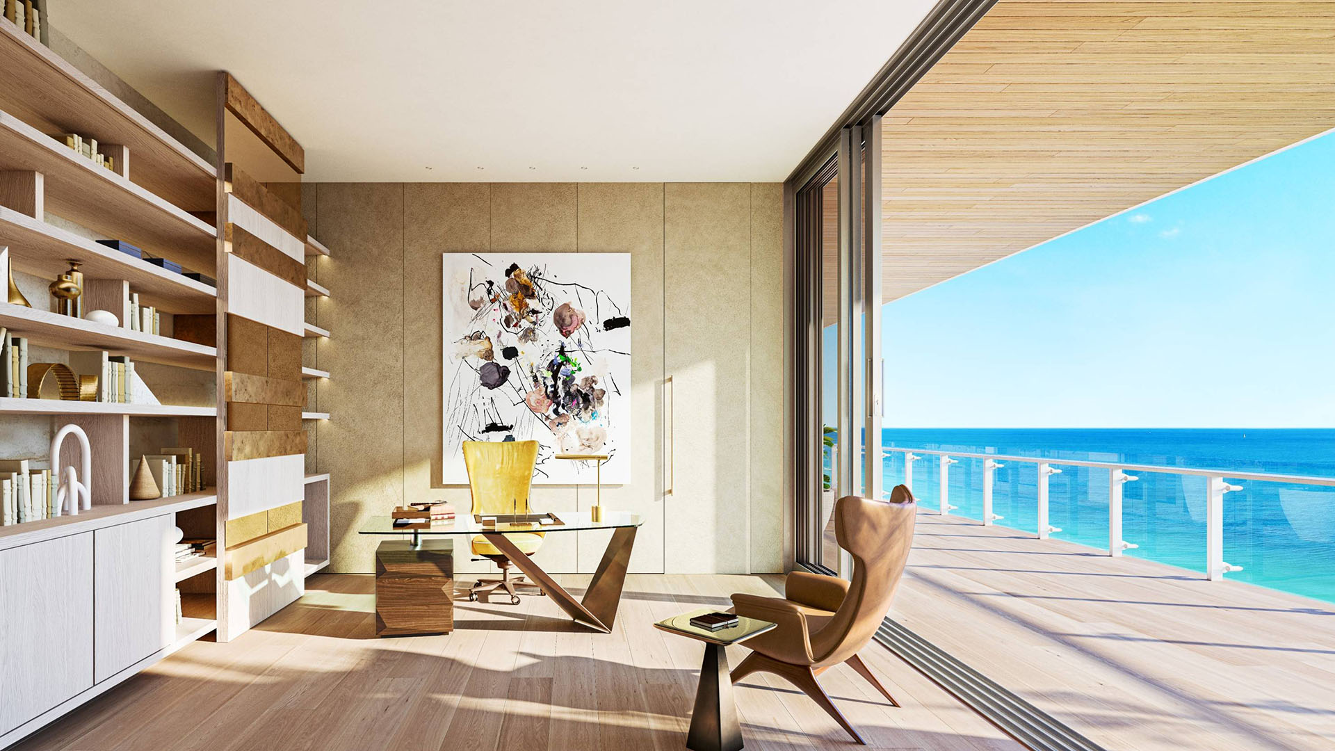57 Ocean Miami Beach modern home office with ocean view workspace, showcasing luxury and ultra luxury preconstruction condos interiors on Millionaire's Row, Mid-Beach, Miami Beach, Florida.
