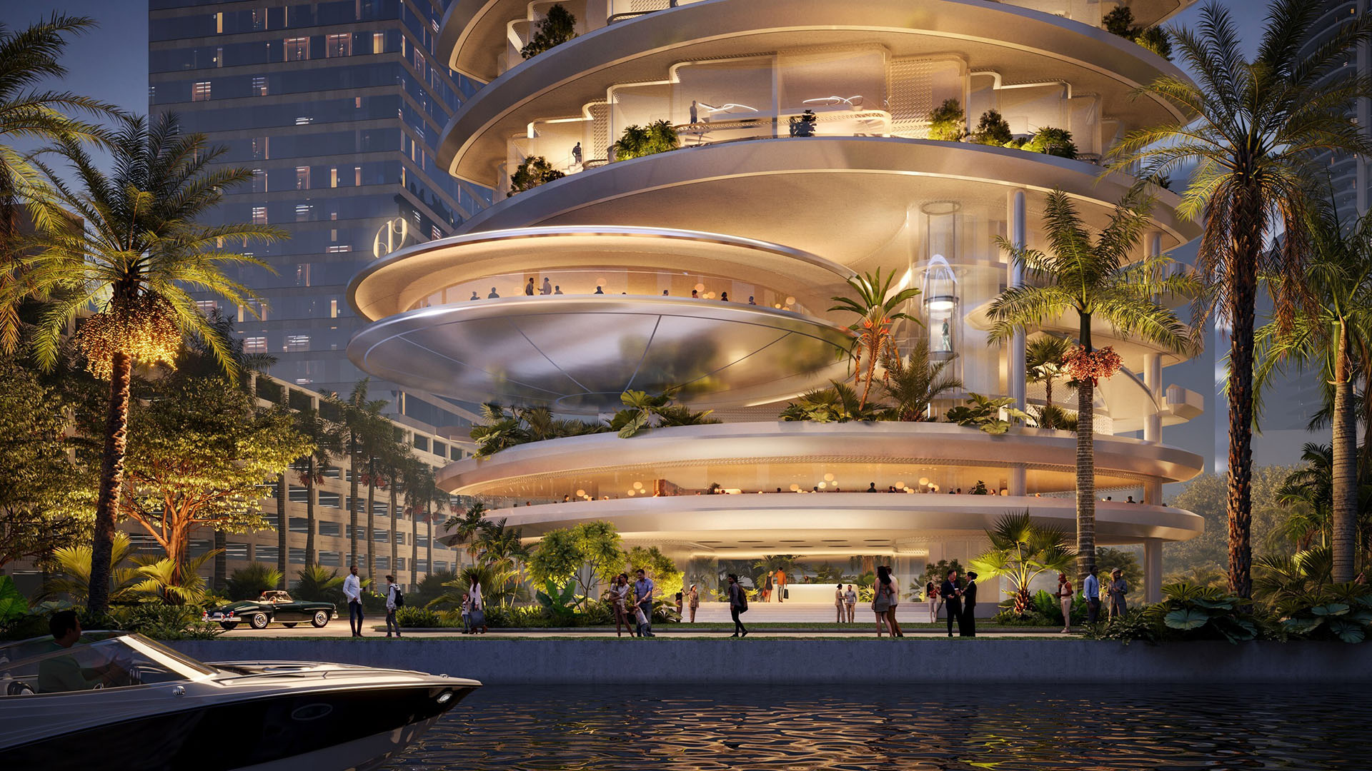 619 Residences by Foster + Partners + Nobu Hospitality in 619 Brickell, Miami, Florida, showcasing luxury and ultra luxury preconstruction condos with a dramatic waterfront entrance, illuminated curved terraces, tropical landscaping and private boat arrival at night.