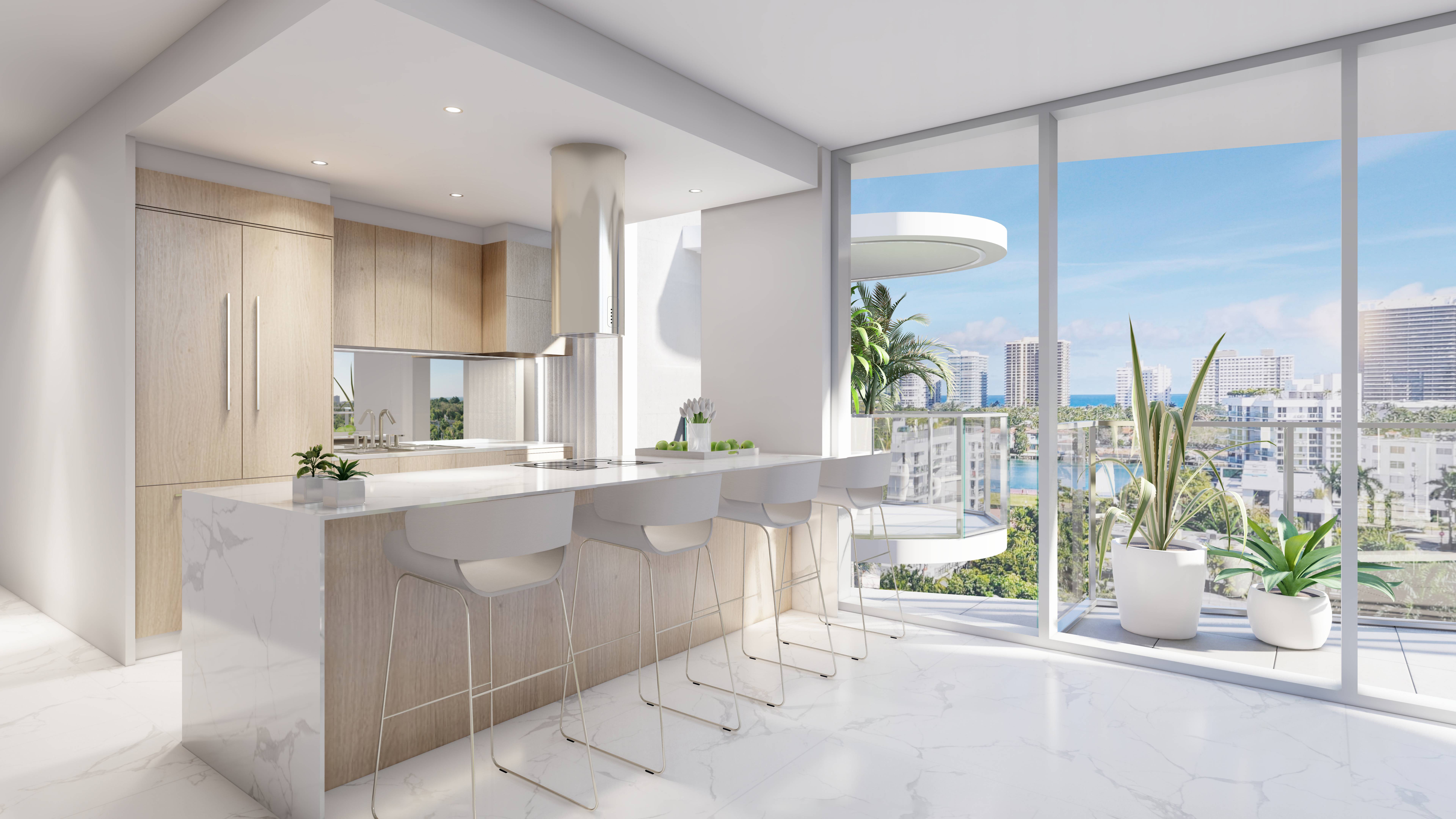 Alana Bay Harbor Islands kitchen with ocean view, showcasing luxury and ultra luxury preconstruction condos coastal lifestyle. Featuring modern.
