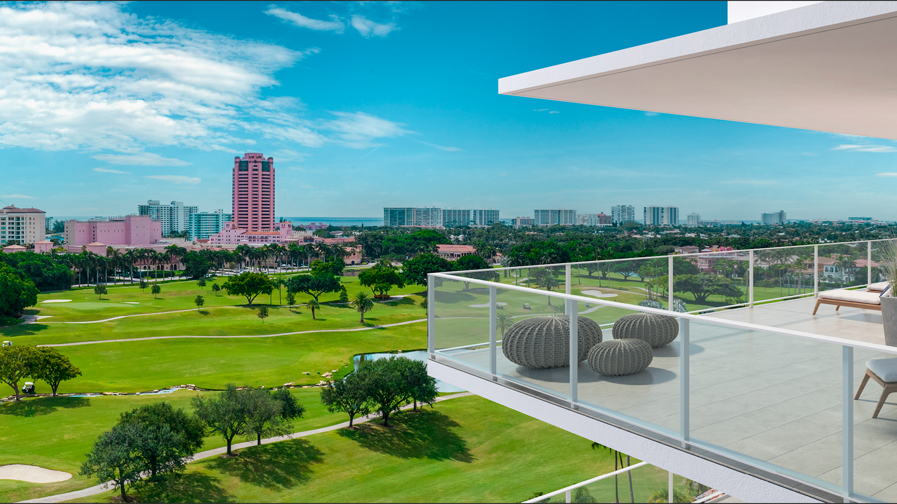 ALINA Residences, Boca Raton balcony over golf course and skyline. South Florida luxury and ultra luxury condos; active resale. Featuring view.