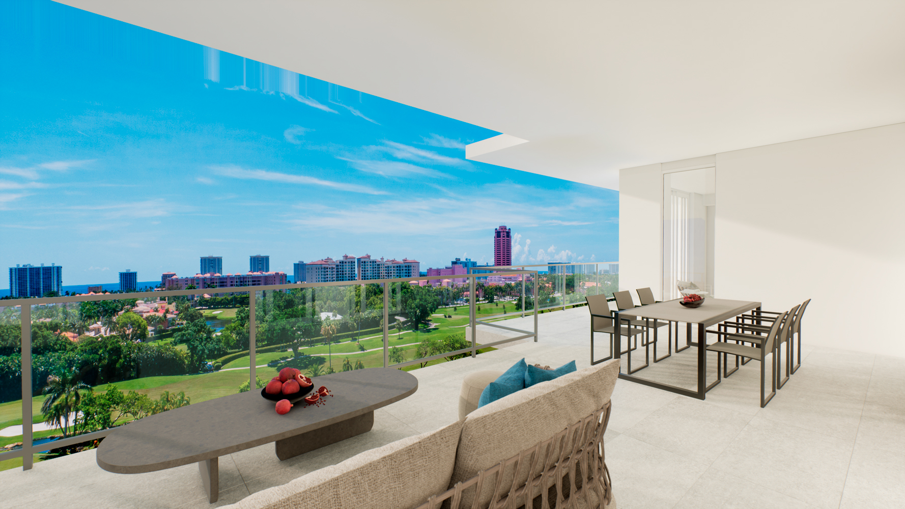 ALINA Residences, Boca Raton balcony with broad cityscape, sunlit outlook from luxury and ultra luxury condos; resale. Featuring modern and view.