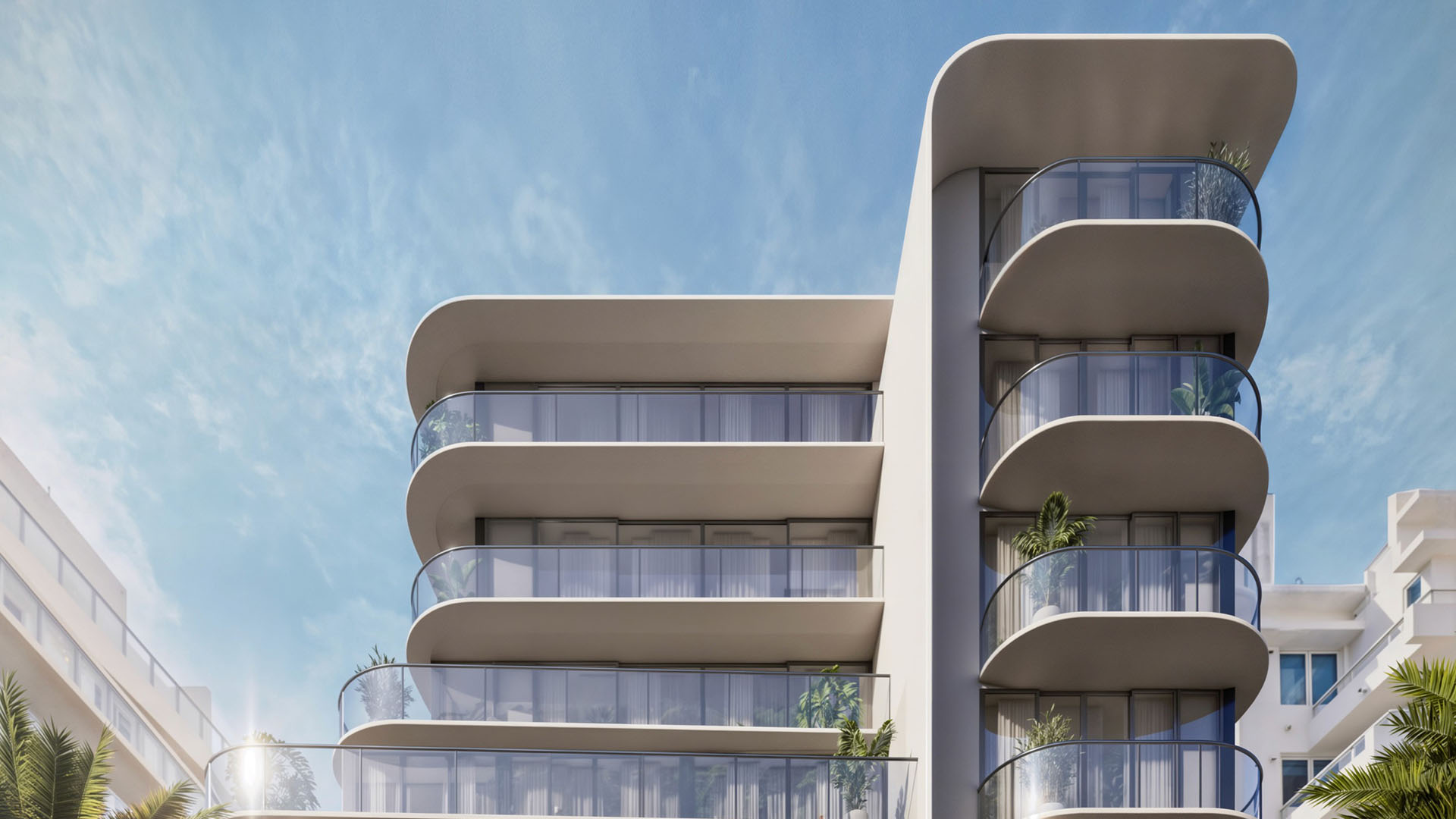 Alma Bay Harbor exterior in Bay Harbor Islands, Miami, with a curved facade and wraparound glass balconies, highlighting luxury and ultra luxury preconstruction condos near the waterfront.