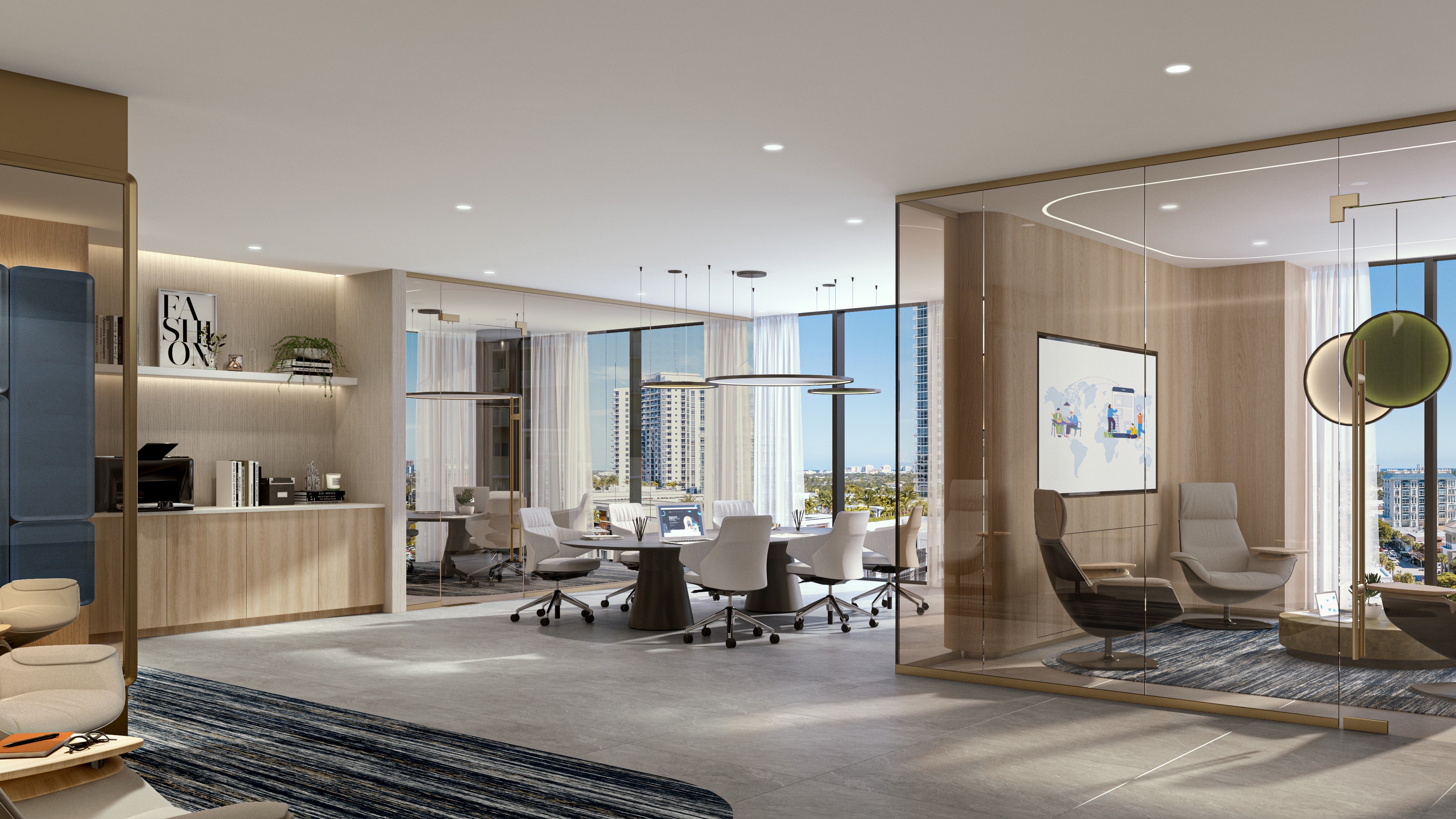 Andare Residences Fort Lauderdale private office interior; luxury workspace for ultra luxury preconstruction condos in downtown Fort Lauderdale. Featuring modern design.