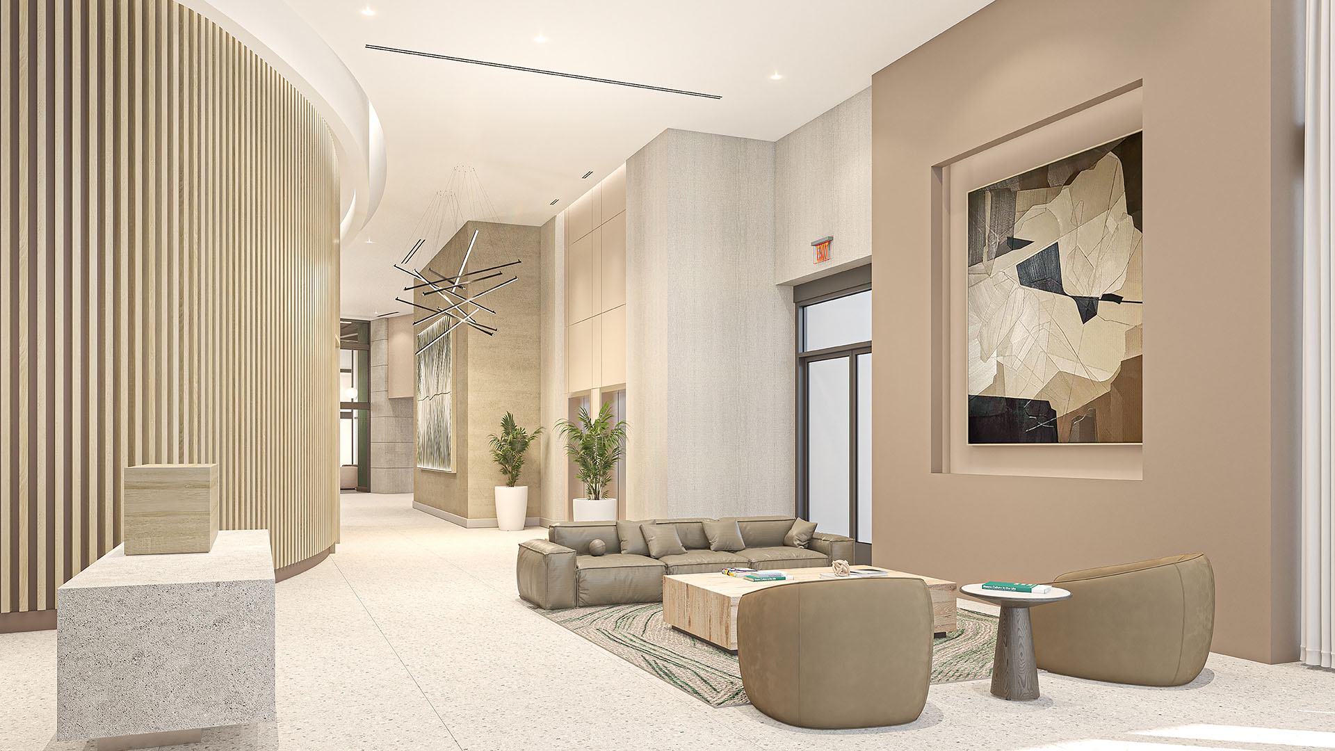 Curved lobby lounge with sculptural lighting, art walls and soft seating at Arbor in Coconut Grove, capturing luxury and ultra luxury condos with a warm boutique arrival experience.