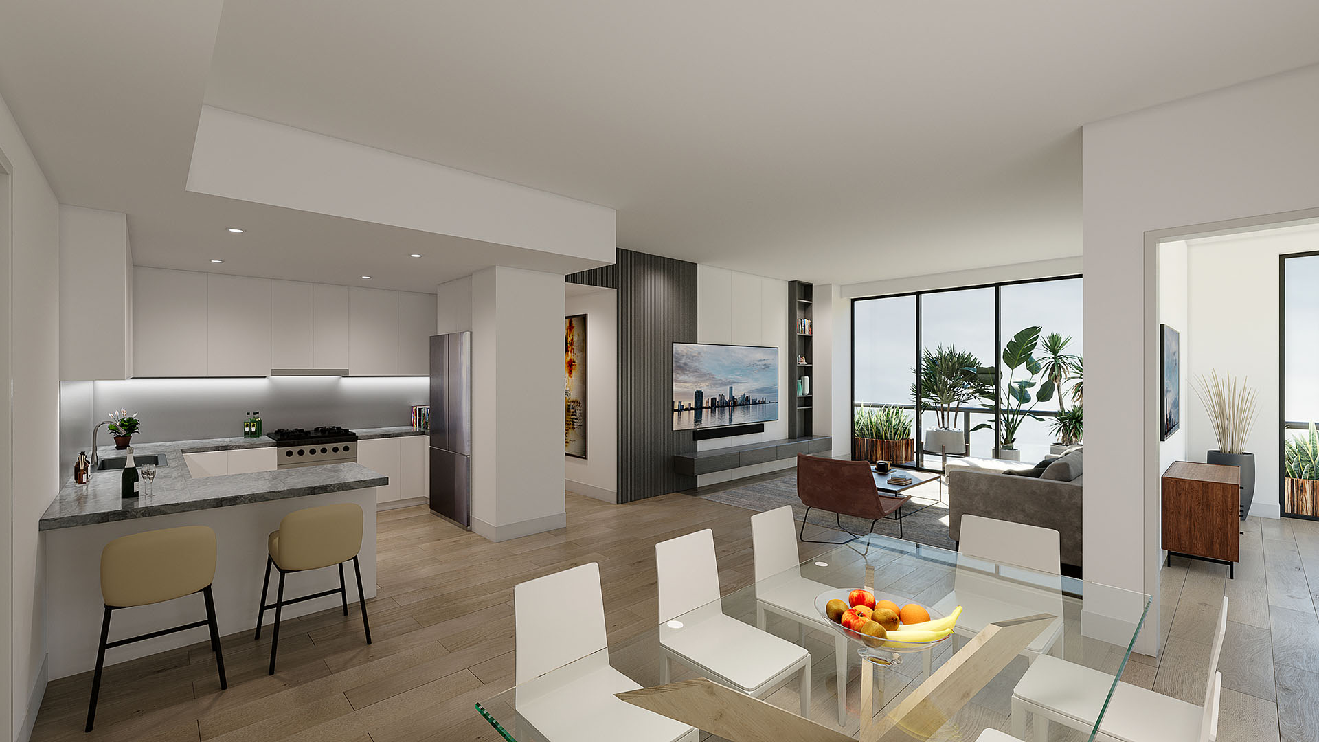 Open-plan residence with a kitchen, dining area, living room and terrace access at Arbor in Coconut Grove, representing luxury and ultra luxury condos with clean lines and generous natural light.