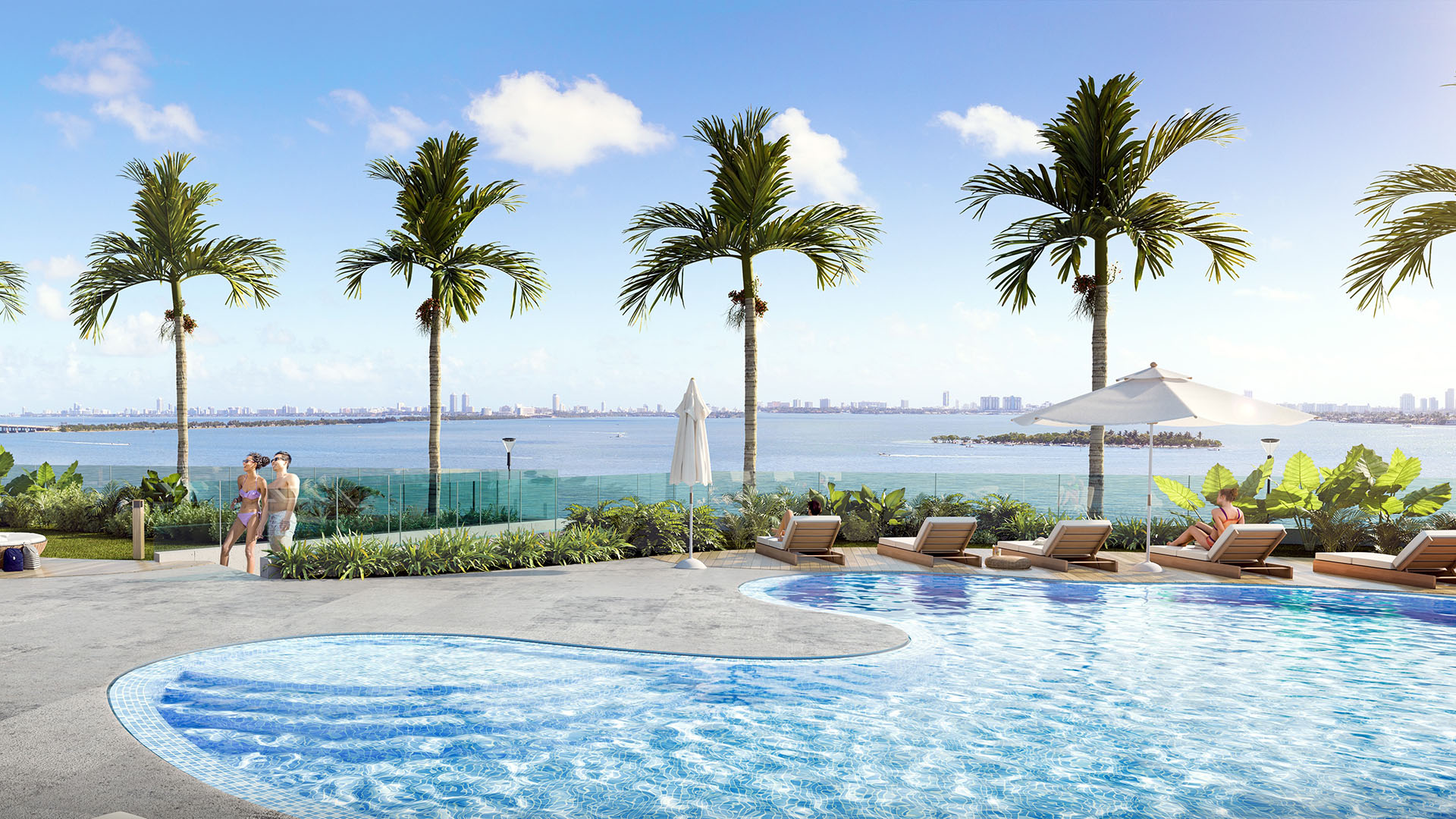 Aria Reserve Edgewater, Miami waterfront pool and sun deck with loungers and palms overlooking Biscayne Bay, featuring luxury and ultra luxury preconstruction condos lifestyle and serene views.