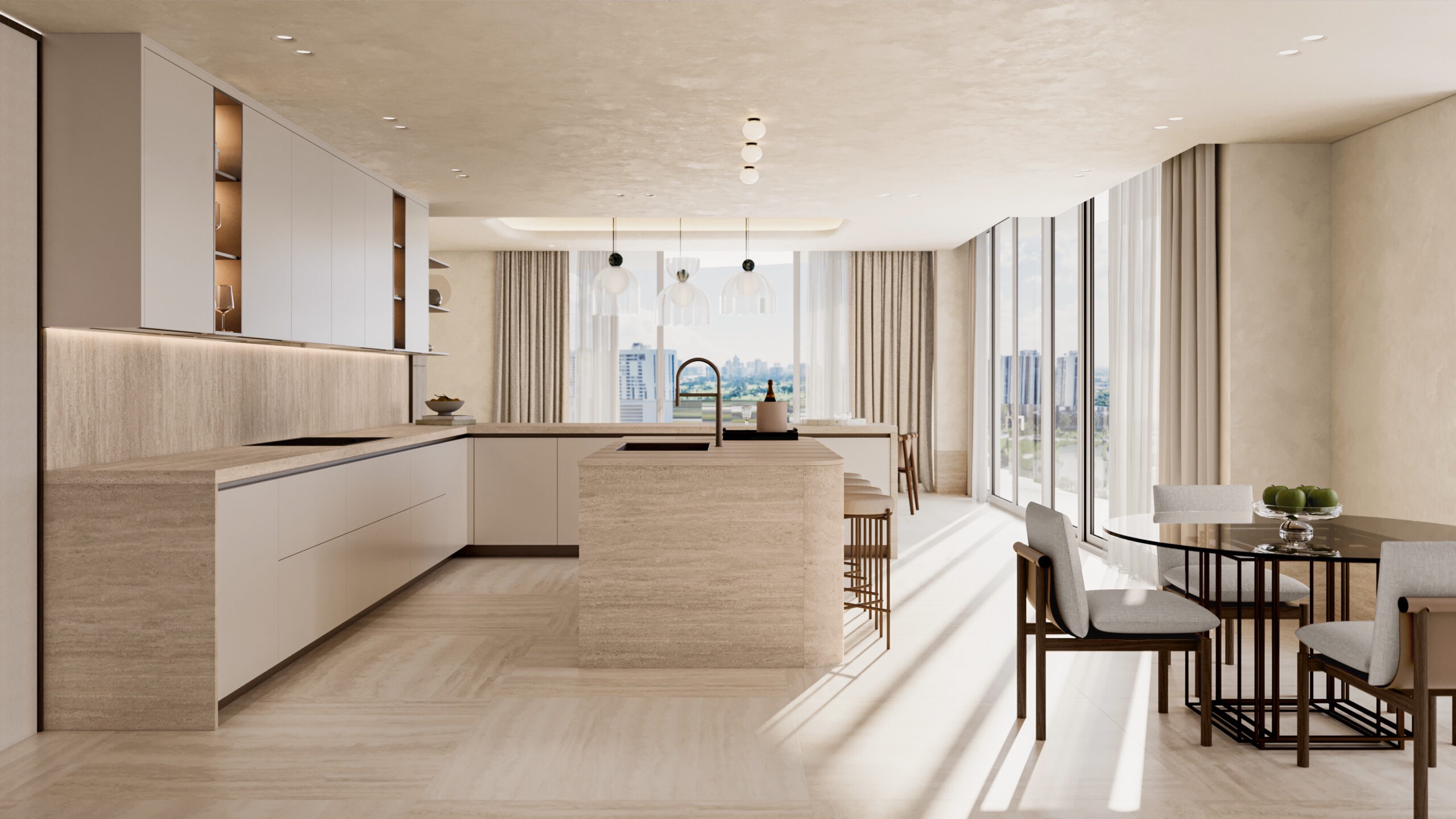 Avenia Aventura. Modern, spacious kitchen with light wood cabinets, island, dining table, floor-to-ceiling windows, and city views in the background. Featuring interior design.