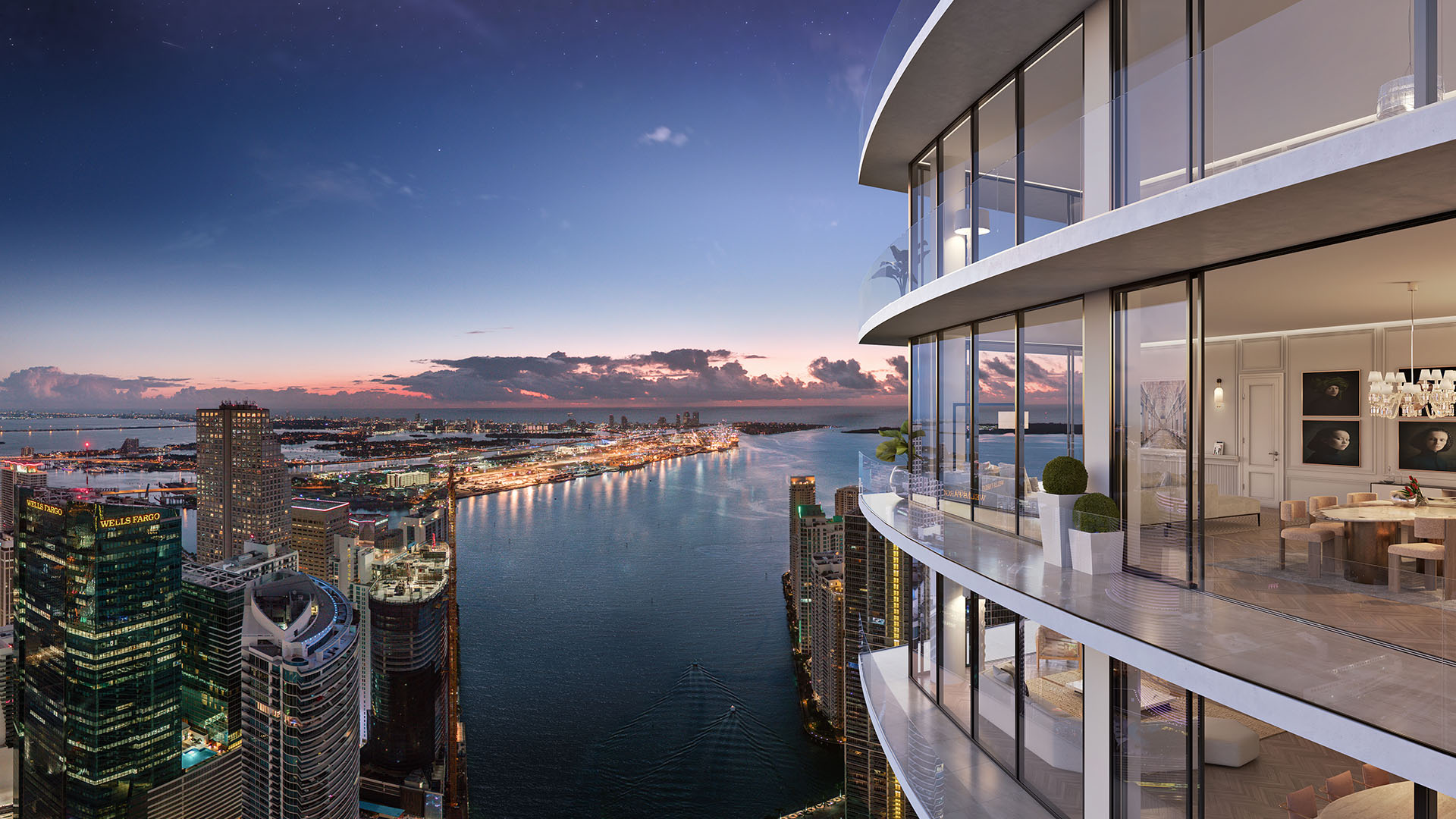 Baccarat Residences in Brickell, Miami, luxury and ultra luxury condos featuring curved glass balconies, a twilight waterfront view, and a glimpse into elegant dining and living spaces.
