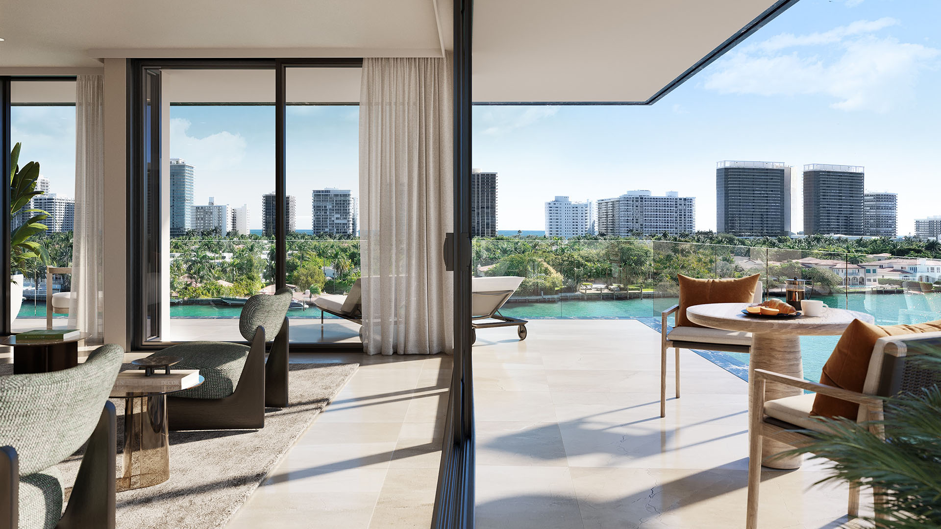 Bay Harbor Towers Bay Harbor Islands waterfront living room and terrace with lounge seating, glass railing and canal-to-ocean skyline views, highlighting luxury and ultra luxury preconstruction condos in Miami.