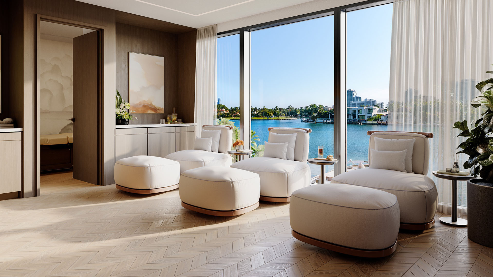 Bay Harbor Towers Bay Harbor Islands spa relaxation lounge with plush chaises, herringbone floors and tranquil waterfront views, highlighting luxury and ultra luxury preconstruction condos in Miami with wellness amenities.