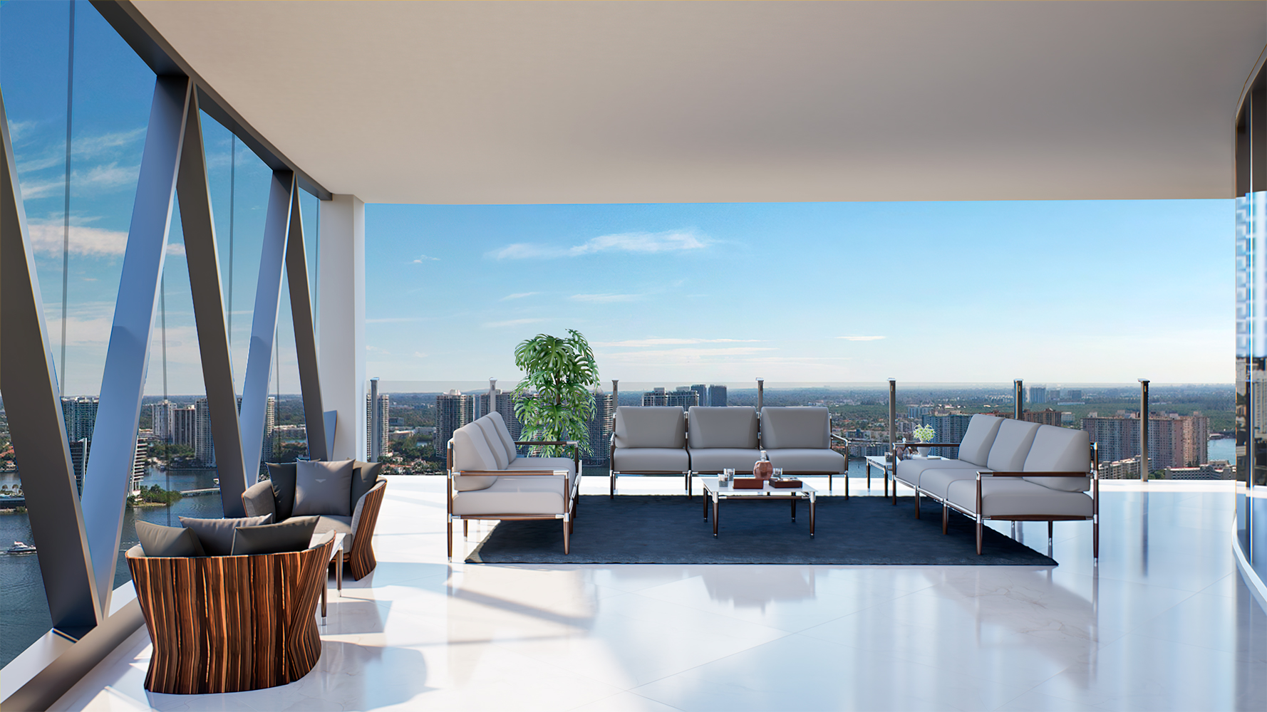 Bentley Residences Sunny Isles balcony lounge with city view in Sunny Isles Beach; luxury and ultra luxury condos, preconstruction, outdoor living.