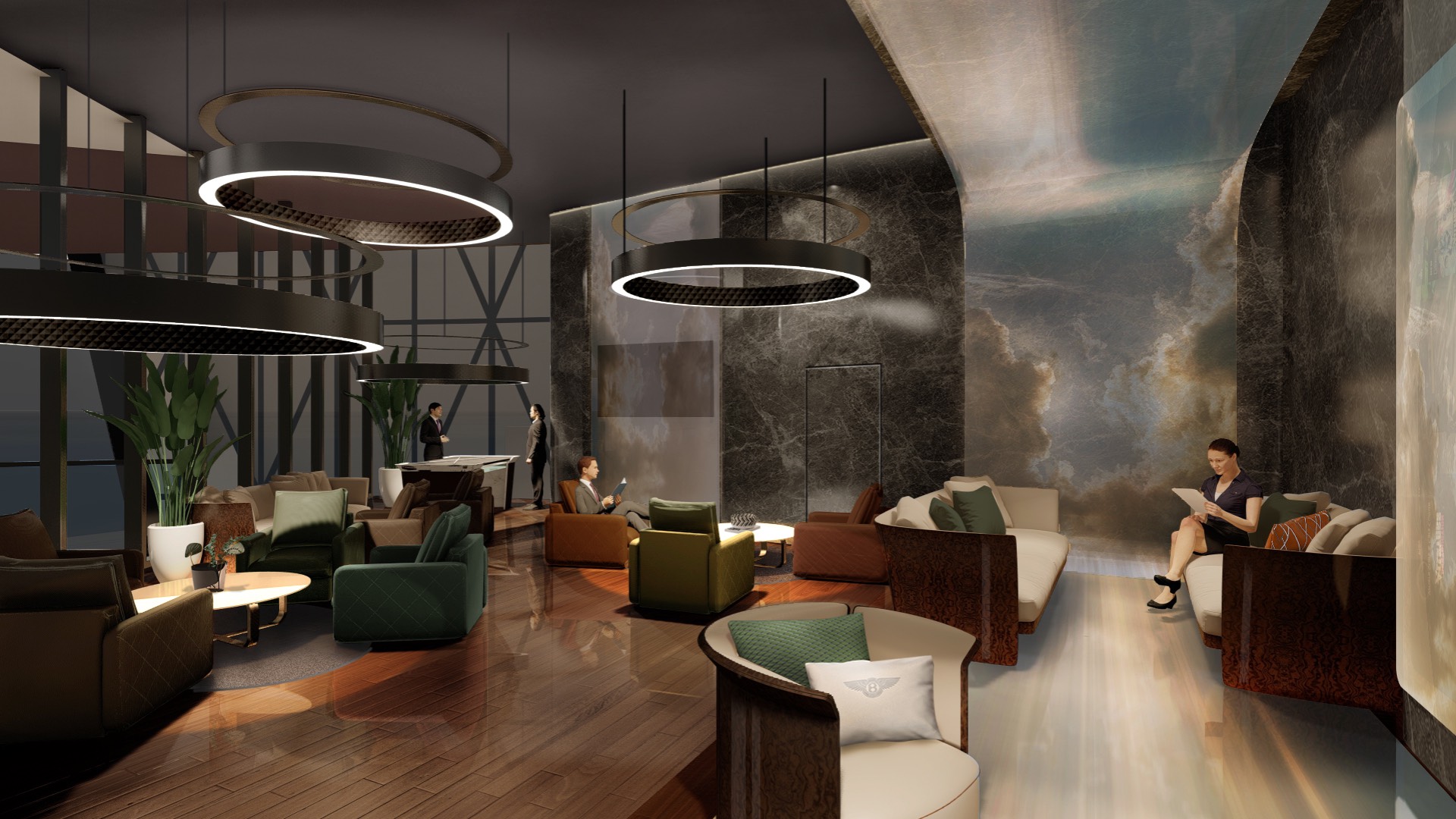 Bentley Residences Sunny Isles lounge interior in Sunny Isles Beach; luxury and ultra luxury condos, preconstruction, refined gathering space. Featuring modern design.