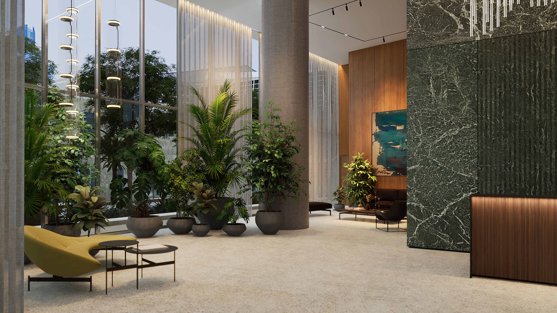 Casa Bella Downtown Miami grand lobby with floor-to-ceiling glass, indoor garden seating and marble accents, showcasing luxury and ultra luxury preconstruction condos arrival and concierge experience.