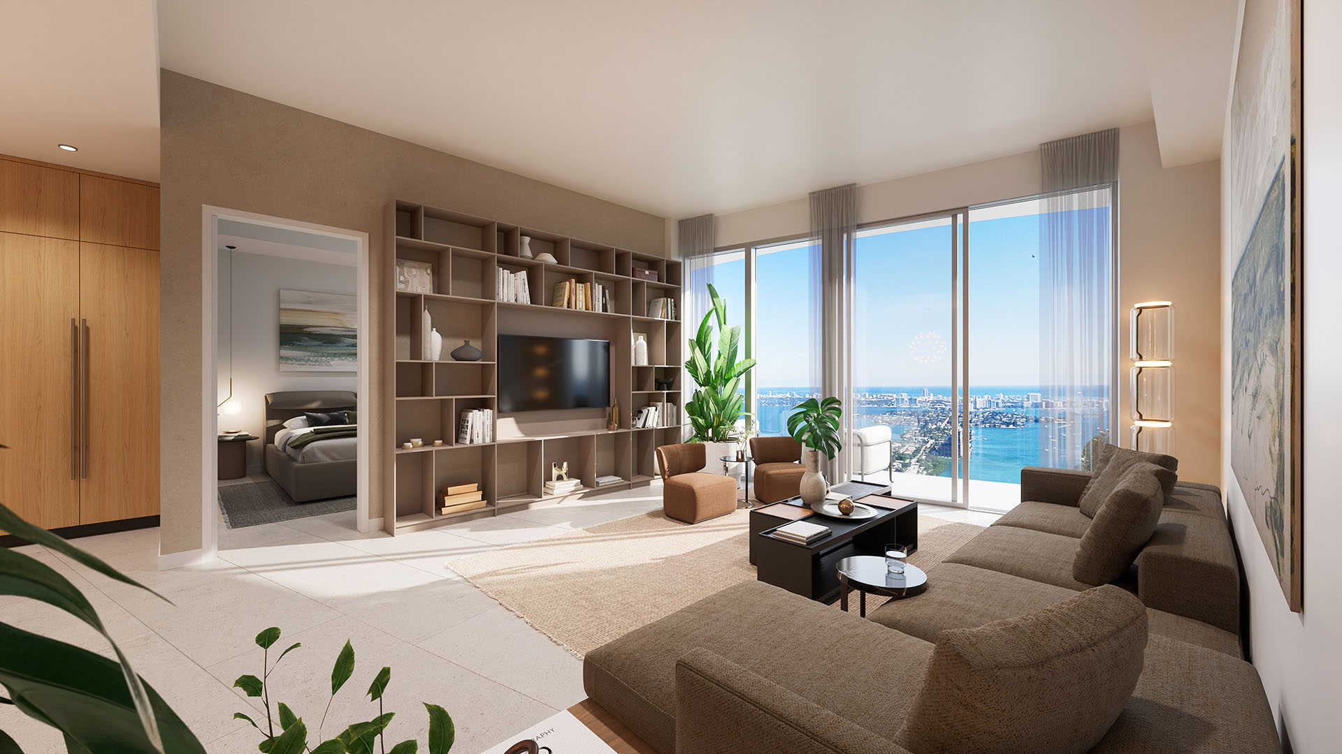 Casa Bella by B&B Italia Downtown Miami residence living room with built-in media library, adjacent bedroom entry and balcony doors framing city and bay views, showcasing luxury and ultra luxury preconstruction condos.