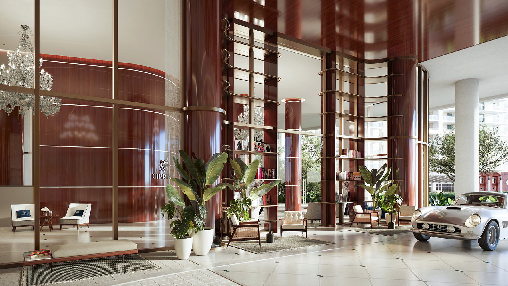 Cipriani Residences Brickell grand hotel-style lobby interior; luxury arrival for ultra luxury preconstruction condos in Brickell, Miami. Featuring luxurious.