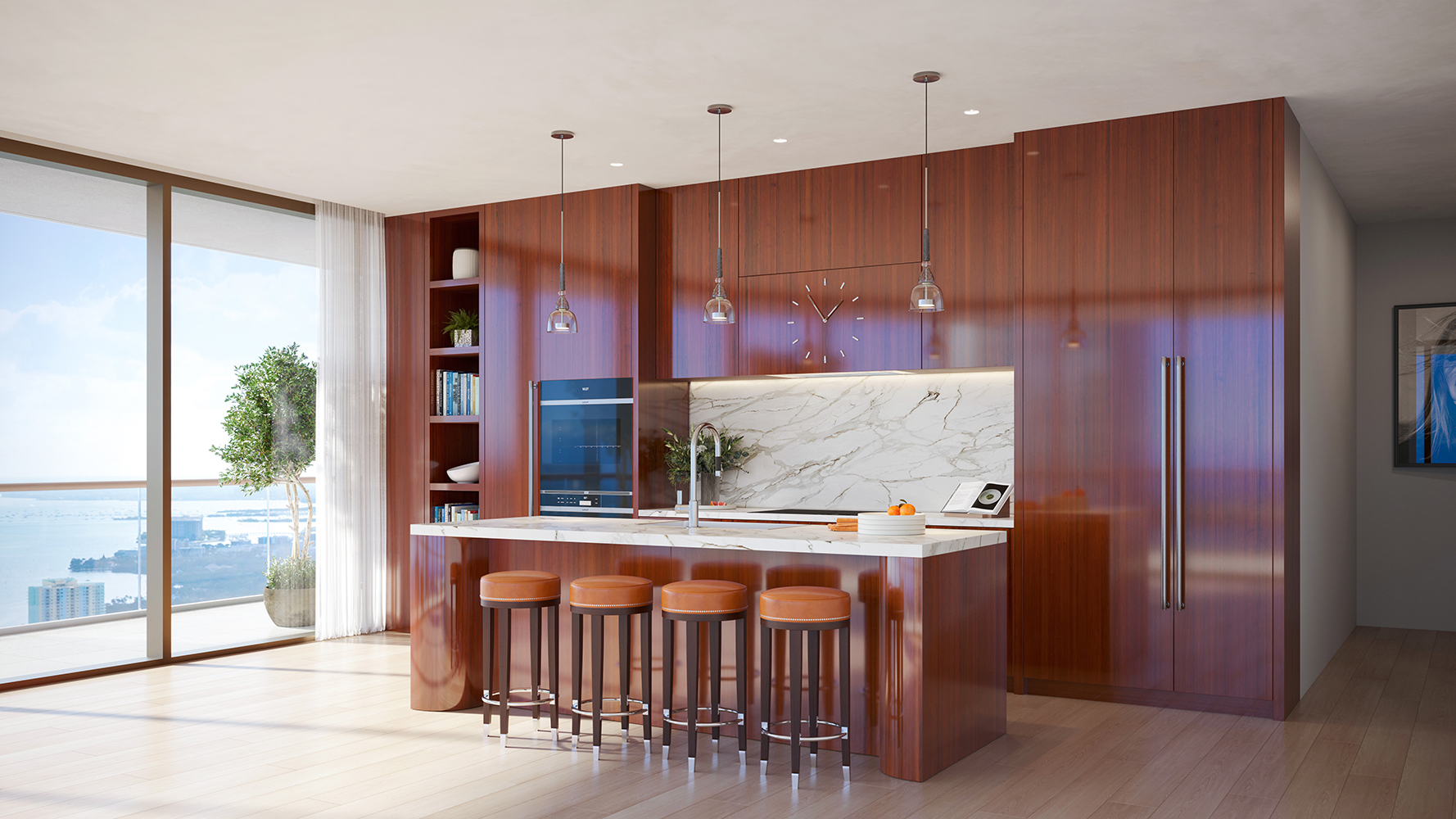 Cipriani Residences Brickell kitchen with scenic water view; luxury culinary space for ultra luxury preconstruction condos in Brickell, Miami. Featuring modern interior.