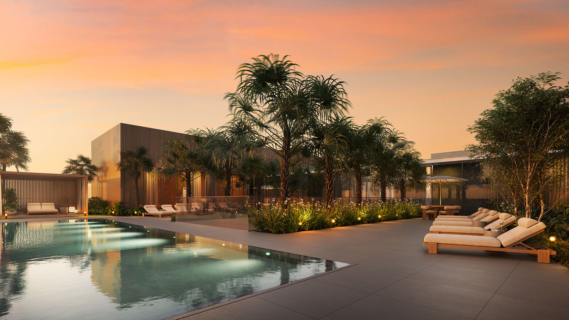 Colette Residences in Brickell luxury ultra luxury condos with a sunset pool terrace, cabana lounge, palm landscaping, and cushioned loungers around the water.