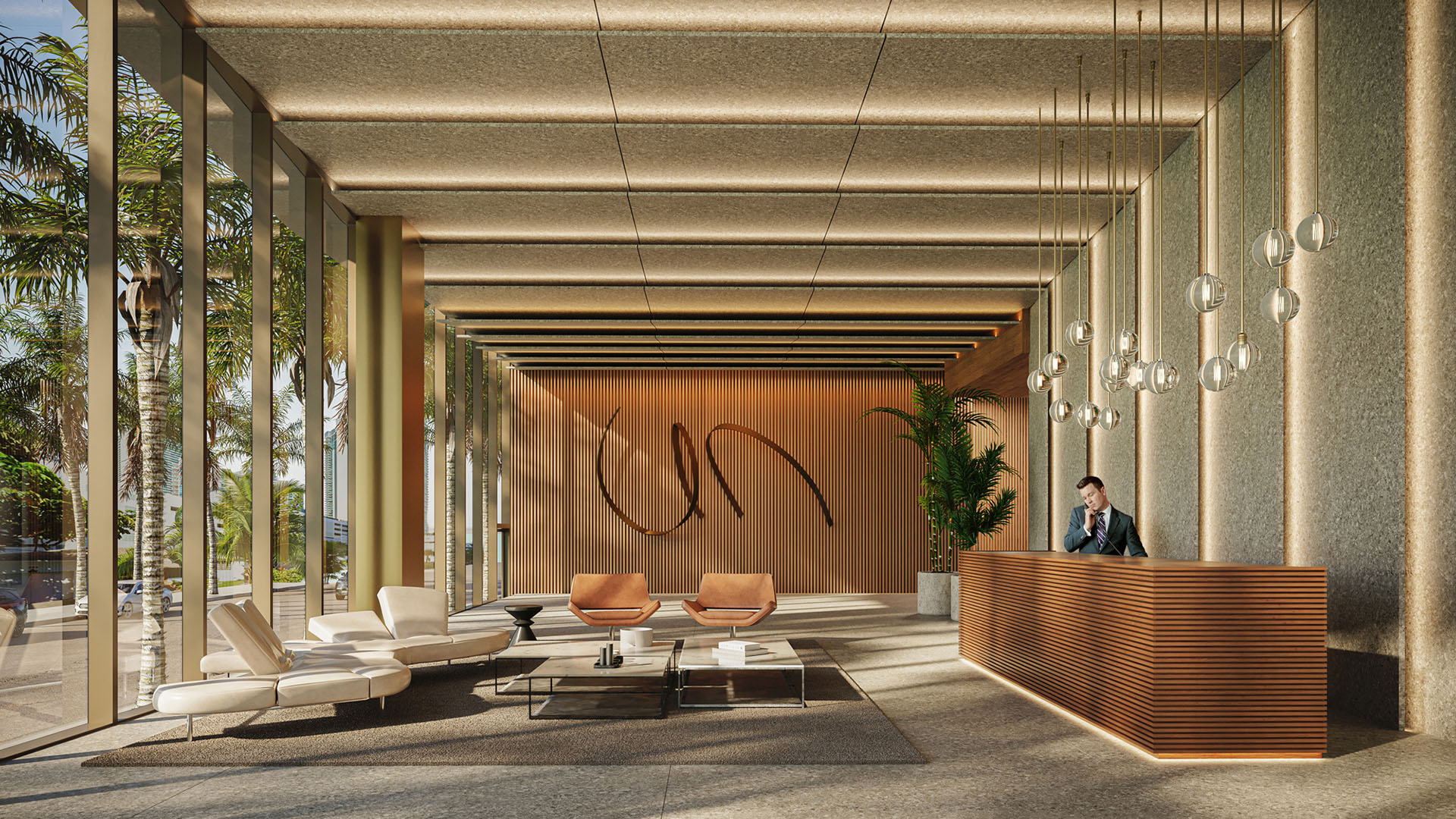 Cove Miami in Miami presents luxury and ultra luxury condos in preconstruction, featuring a grand lobby with a reception desk, sculptural wall art, lounge seating, and full-height glass along a palm-lined frontage.