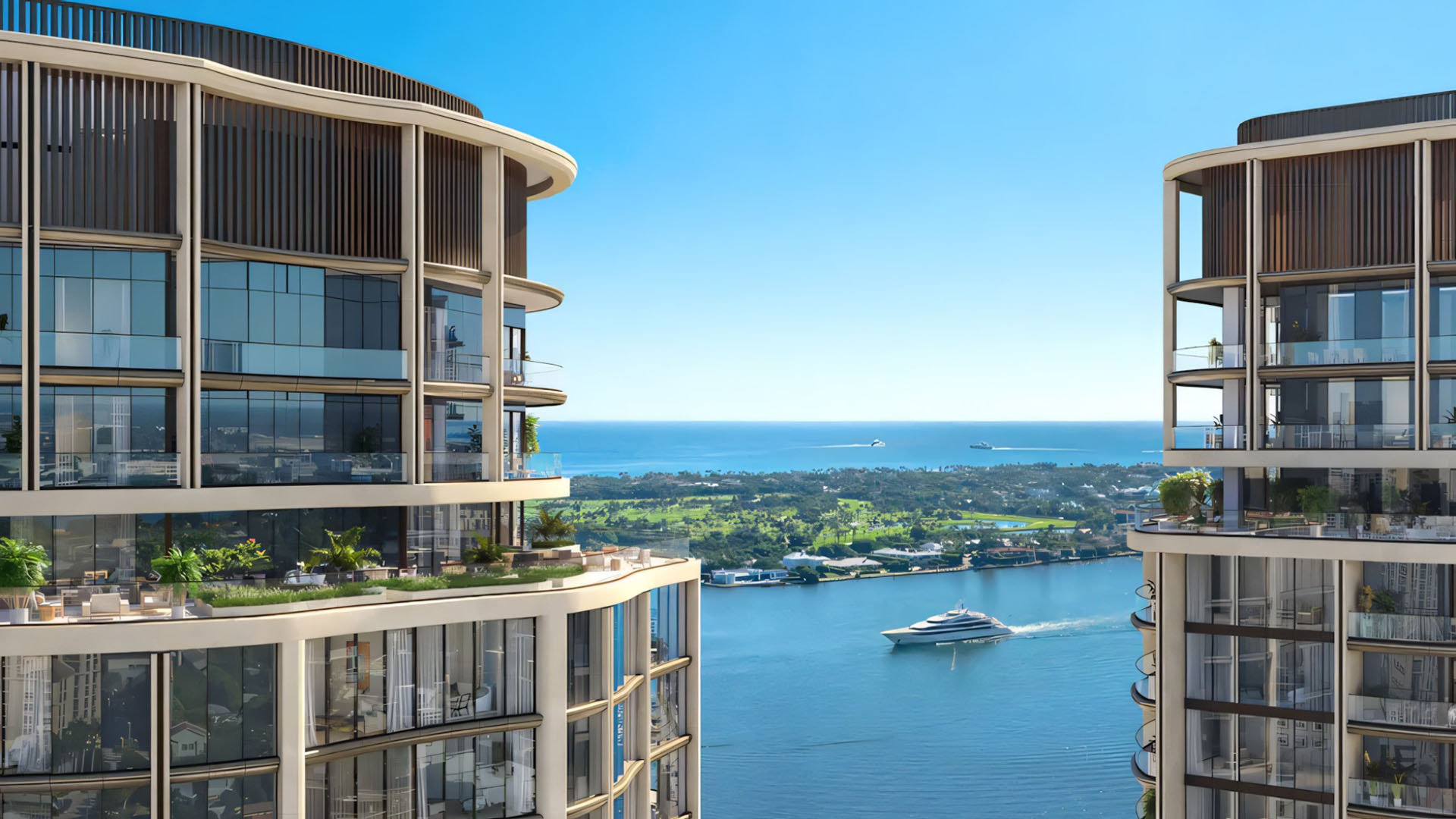 Edgeworth West Palm Beach luxury ultra luxury condos waterfront view framed between two curved towers, with expansive glass balconies, the Intracoastal waterway, and a yacht moving through the channel.