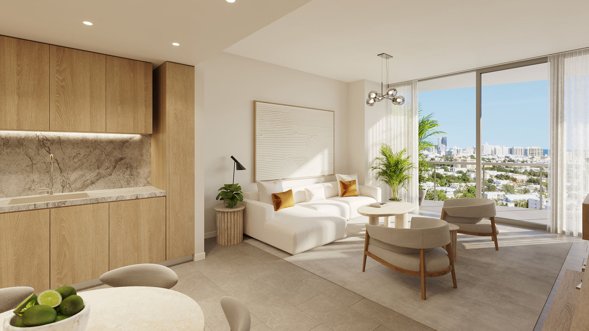 Living room with a kitchen wall and skyline view at Five Park in Miami Beach, luxury and ultra luxury condos with warm wood finishes and soft seating.