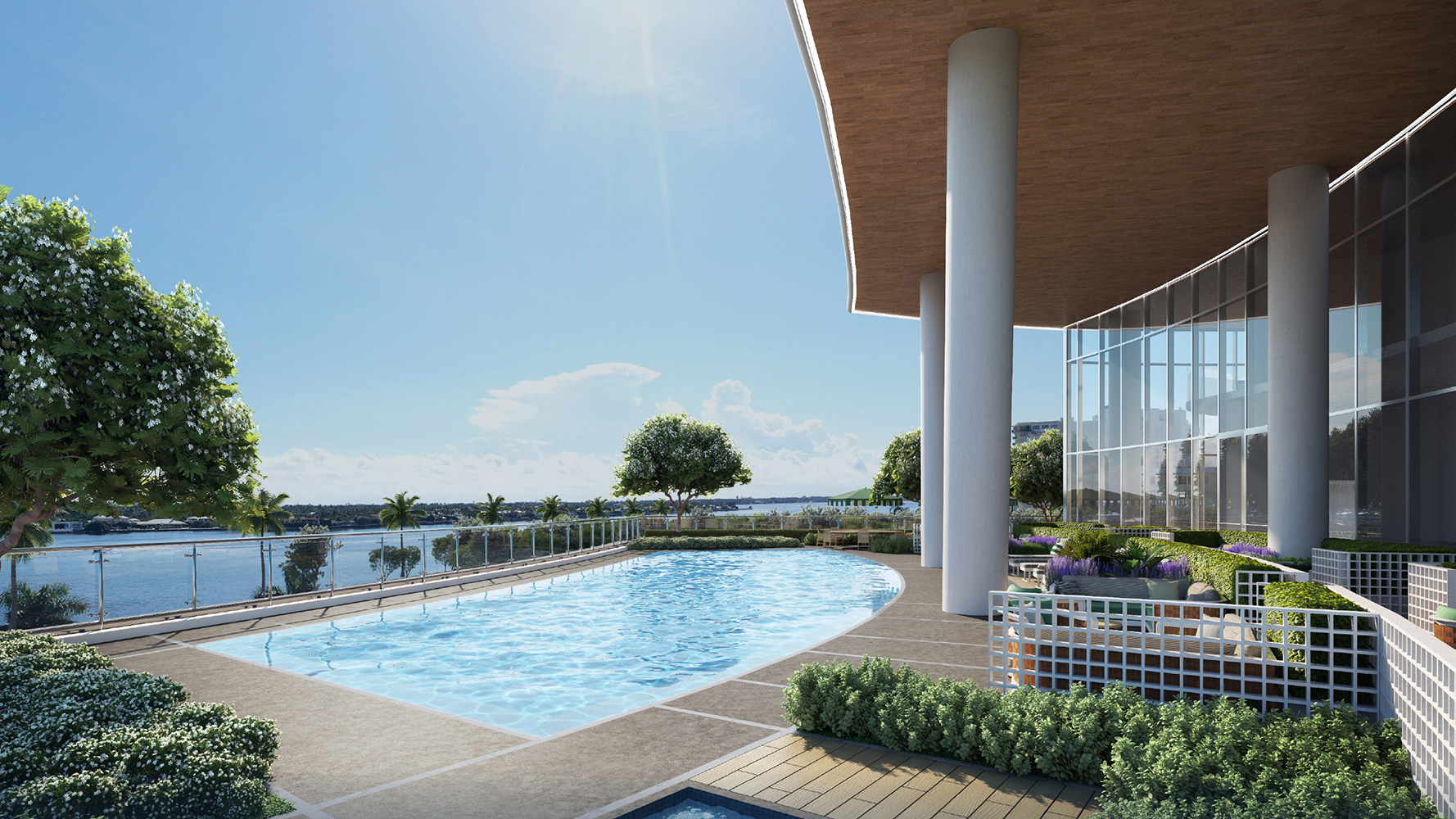 Poolside architectural scenery at Forte on Flagler, West Palm Beach, highlighting luxury waterfront condo living. Featuring architecture.