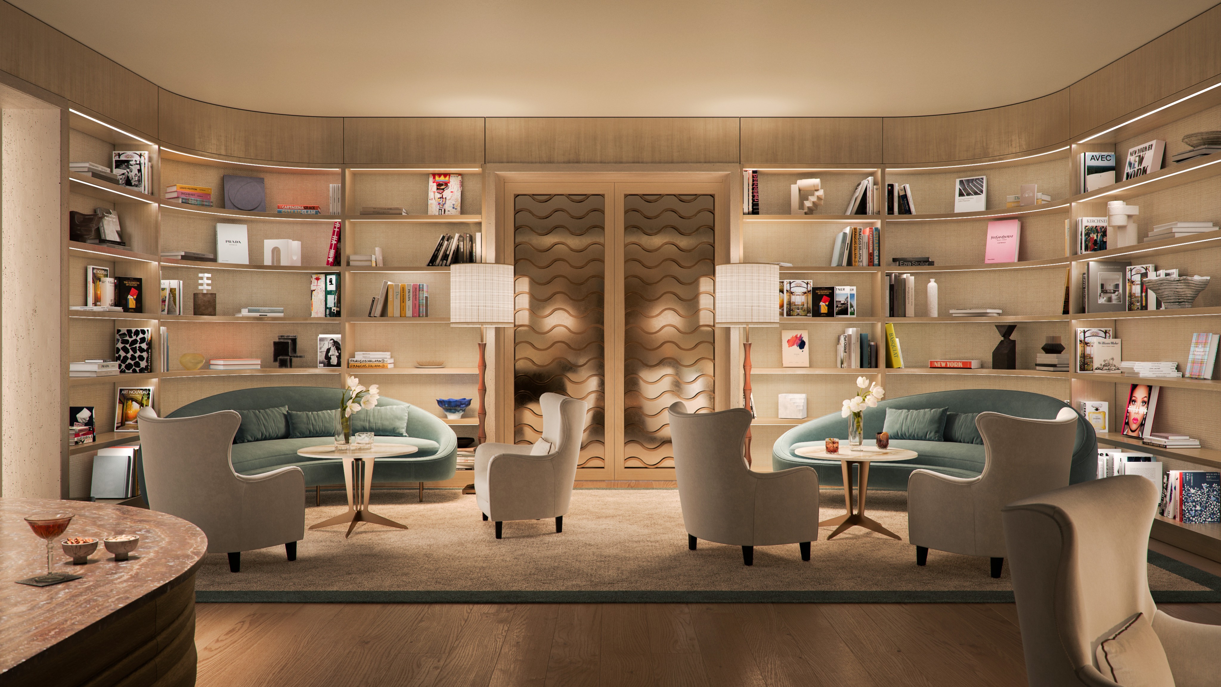 Four Seasons Coconut Grove living room library with bespoke shelving, quiet elegance in luxury and ultra luxury condos; preconstruction in Coconut Grove, Miami. Featuring modern interior.