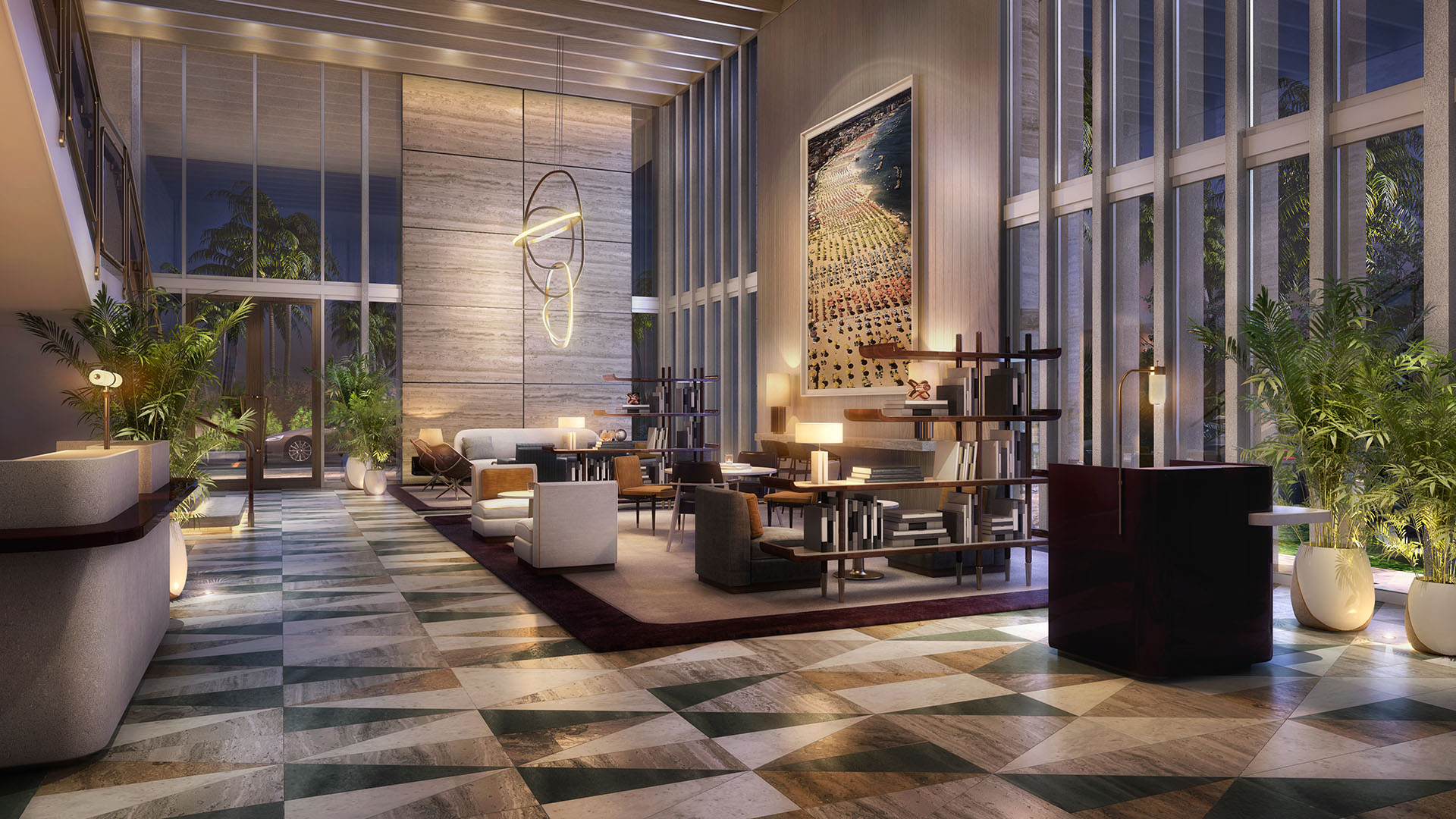 Double-height lobby lounge at twilight with sculptural lighting and lofty glazing at Four Seasons Residences Fort Lauderdale in Fort Lauderdale, introducing luxury and ultra luxury condos with a dramatic arrival experience.