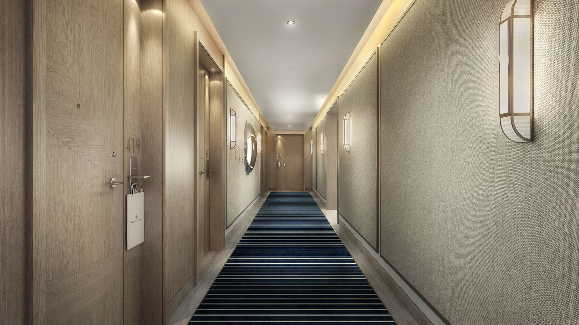 Private residence hallway with warm wood doors, textured walls, and striped carpet at Four Seasons Residences Fort Lauderdale in Fort Lauderdale, reflecting luxury and ultra luxury condos with tailored residential corridors.