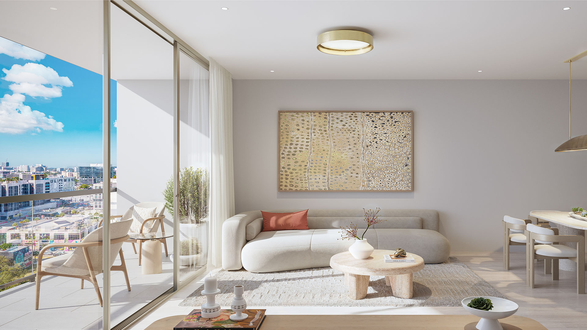 Sunlit living room at Frida Kahlo Residences in Wynwood, styled for luxury and ultra luxury condos with a soft neutral sofa, balcony lounge, large artwork, and open city views.