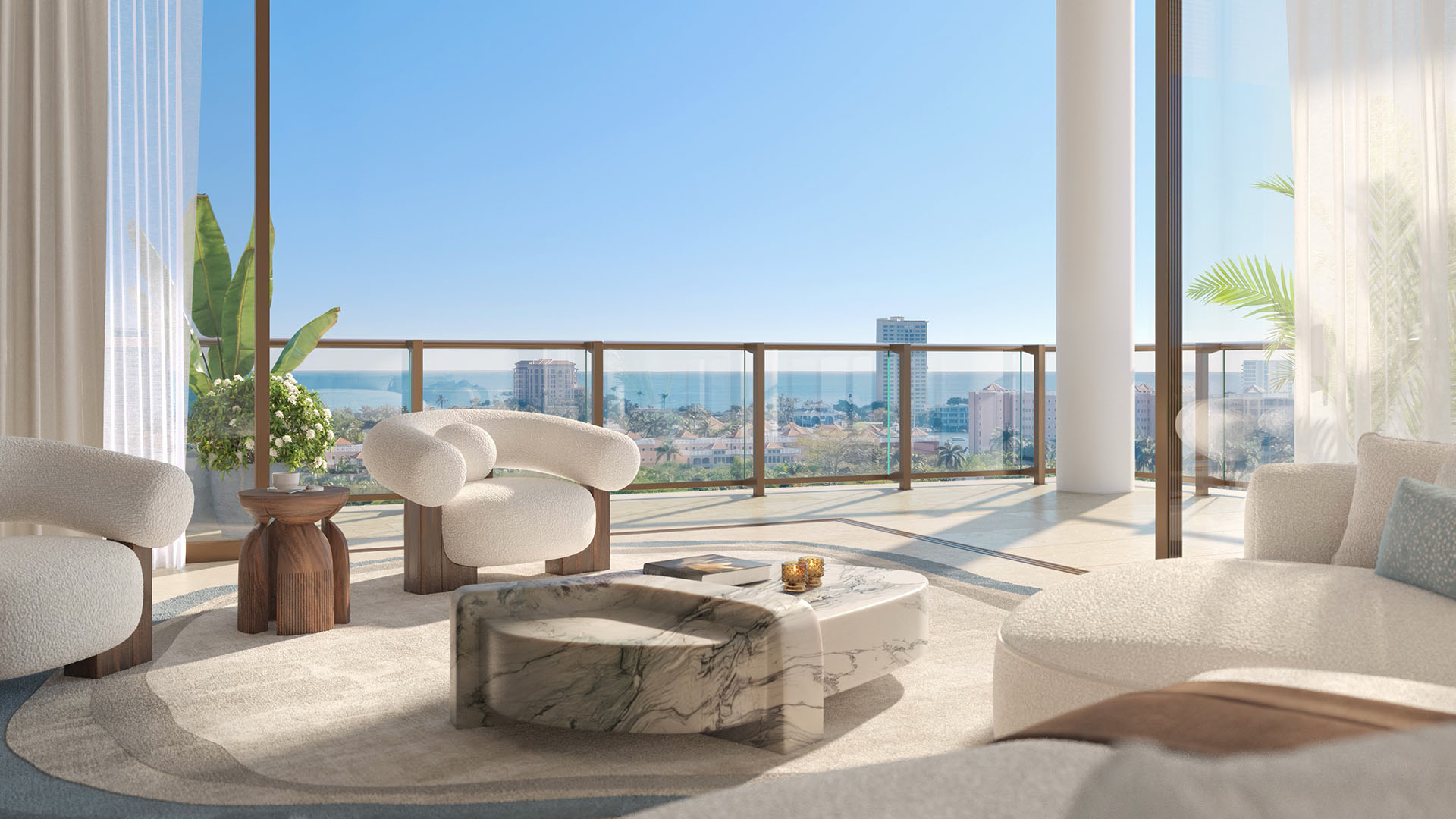 Glass House Boca Raton living room vignette with boucle chairs, marble coffee table and open terrace with ocean view, showcasing luxury and ultra luxury preconstruction condos interiors in Boca Raton, Florida.