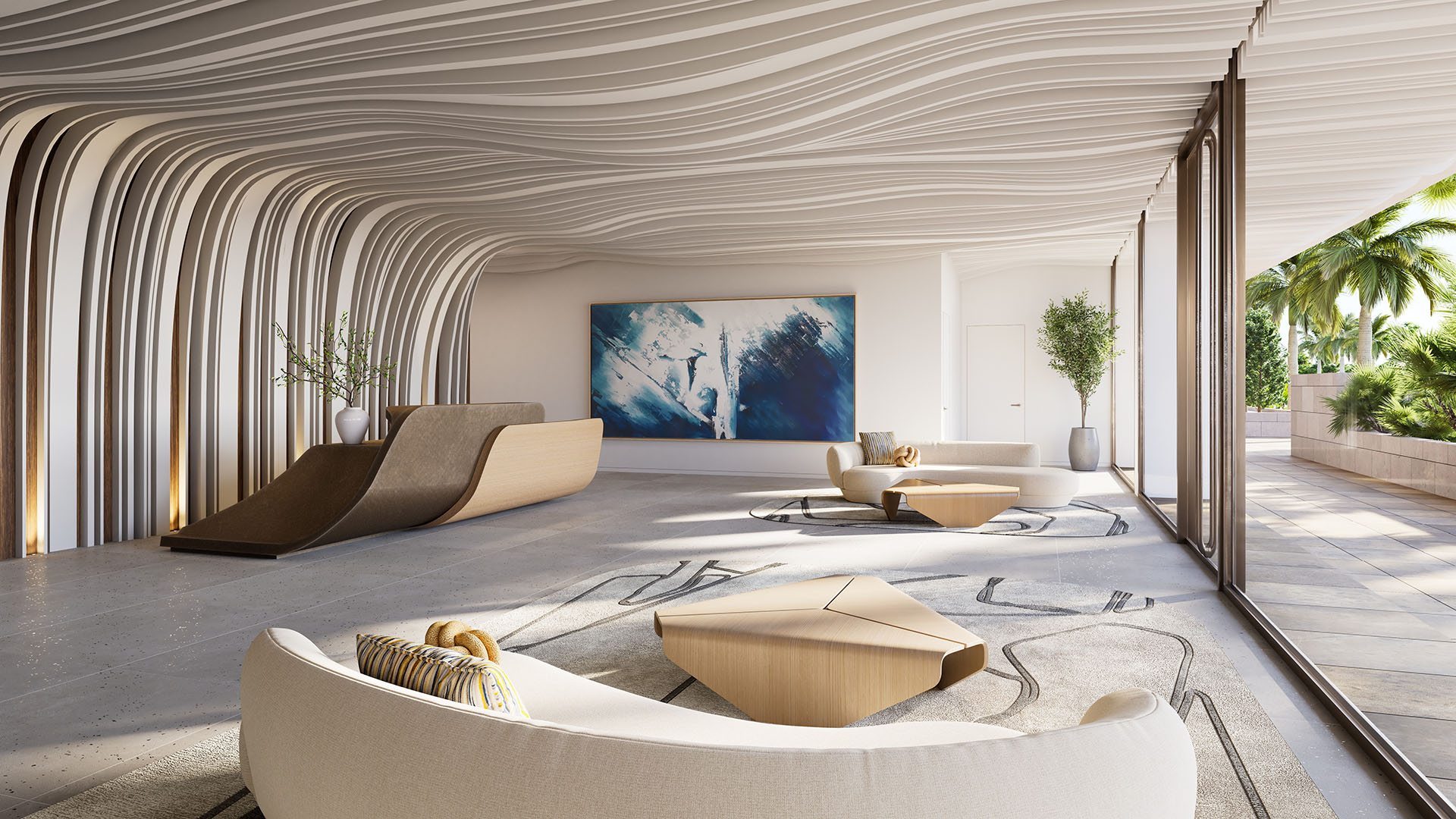 Glass House Boca Raton lobby with sculptural wave ceiling, modern seating, artwork and floor-to-ceiling glass to garden terrace, featuring luxury and ultra luxury preconstruction condos in Boca Raton, Florida.