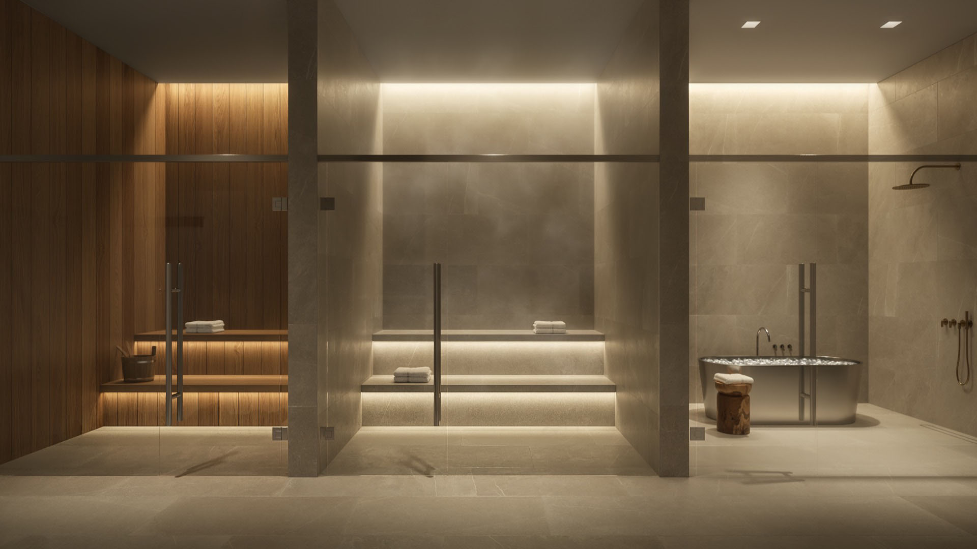 Glass House Boca Raton spa and wellness center with sauna, steam room, cold plunge and soaking tub, showcasing luxury and ultra luxury preconstruction condos amenities in Boca Raton, Florida.