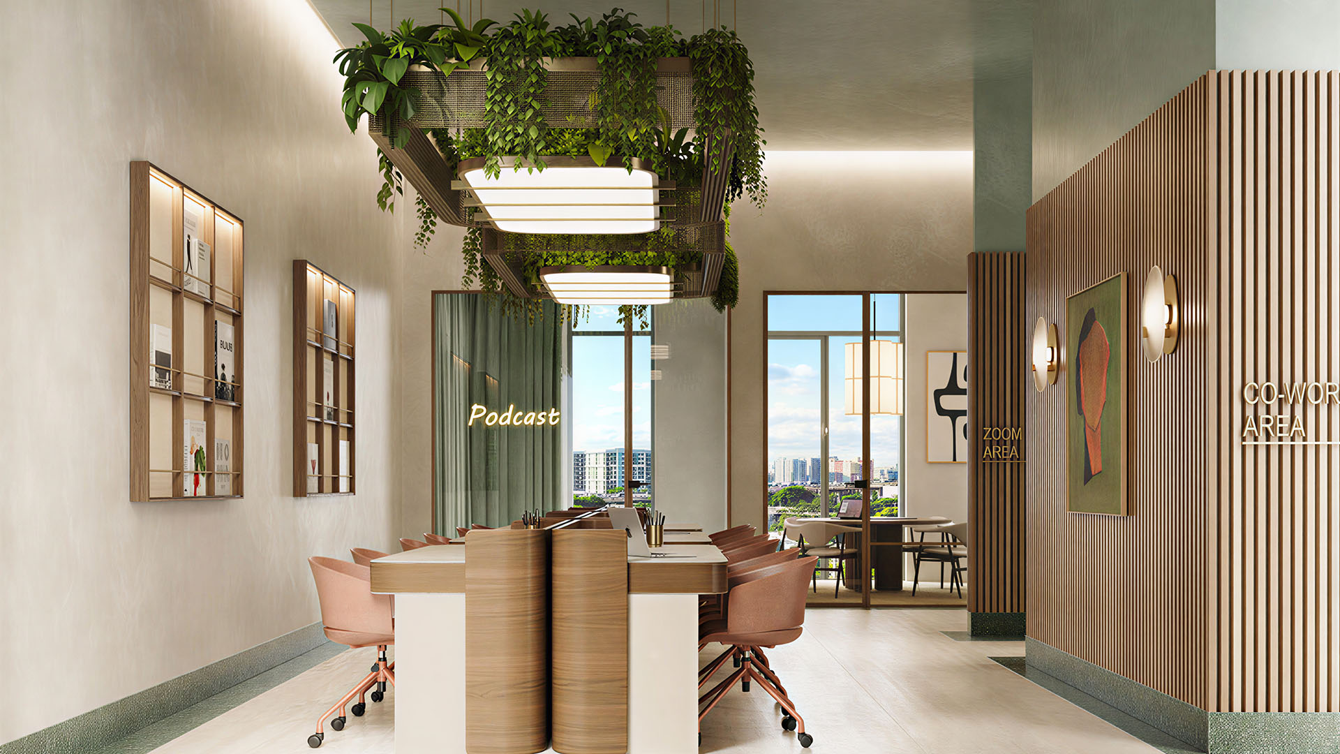 Podcast studio and coworking lounge at House of Wellness in Brickell preconstruction luxury and ultra luxury condos with communal tables, greenery, and skyline windows.