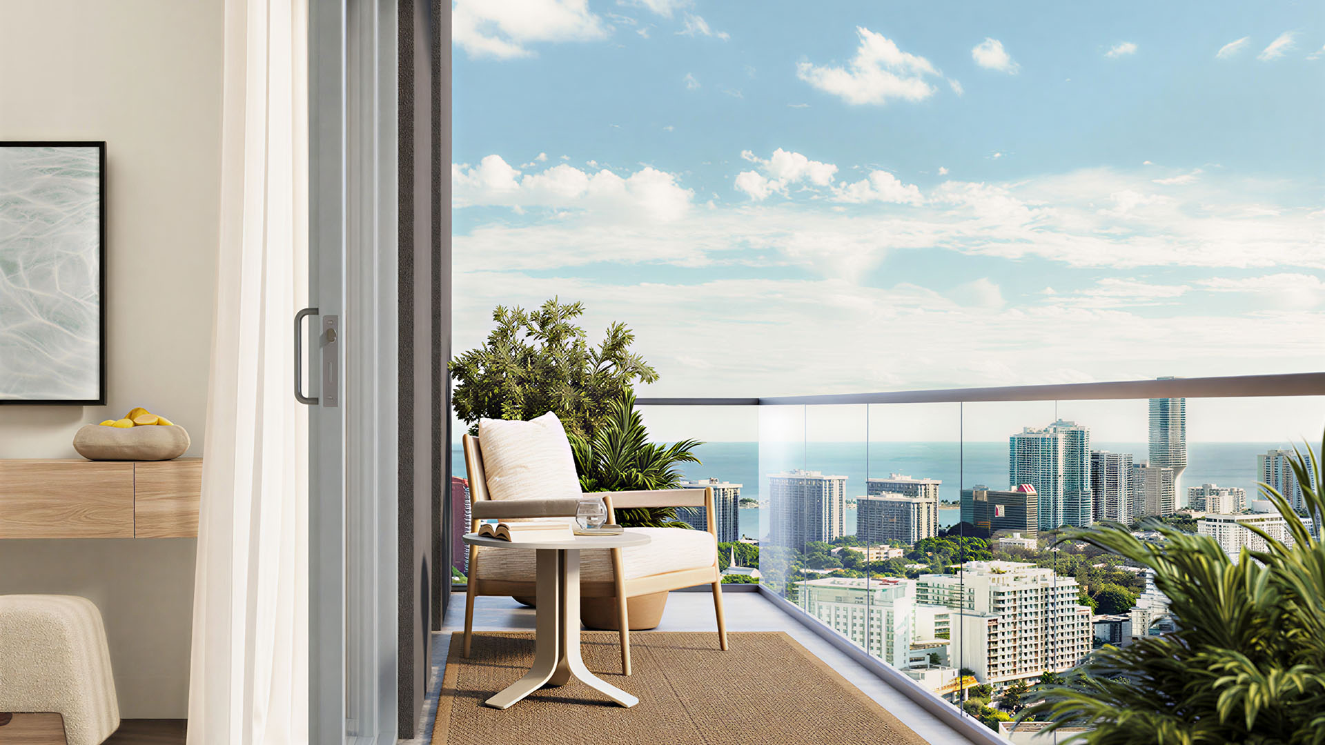 Private terrace at House of Wellness in Brickell preconstruction luxury and ultra luxury condos with lounge seating, a skyline backdrop, and open water views.