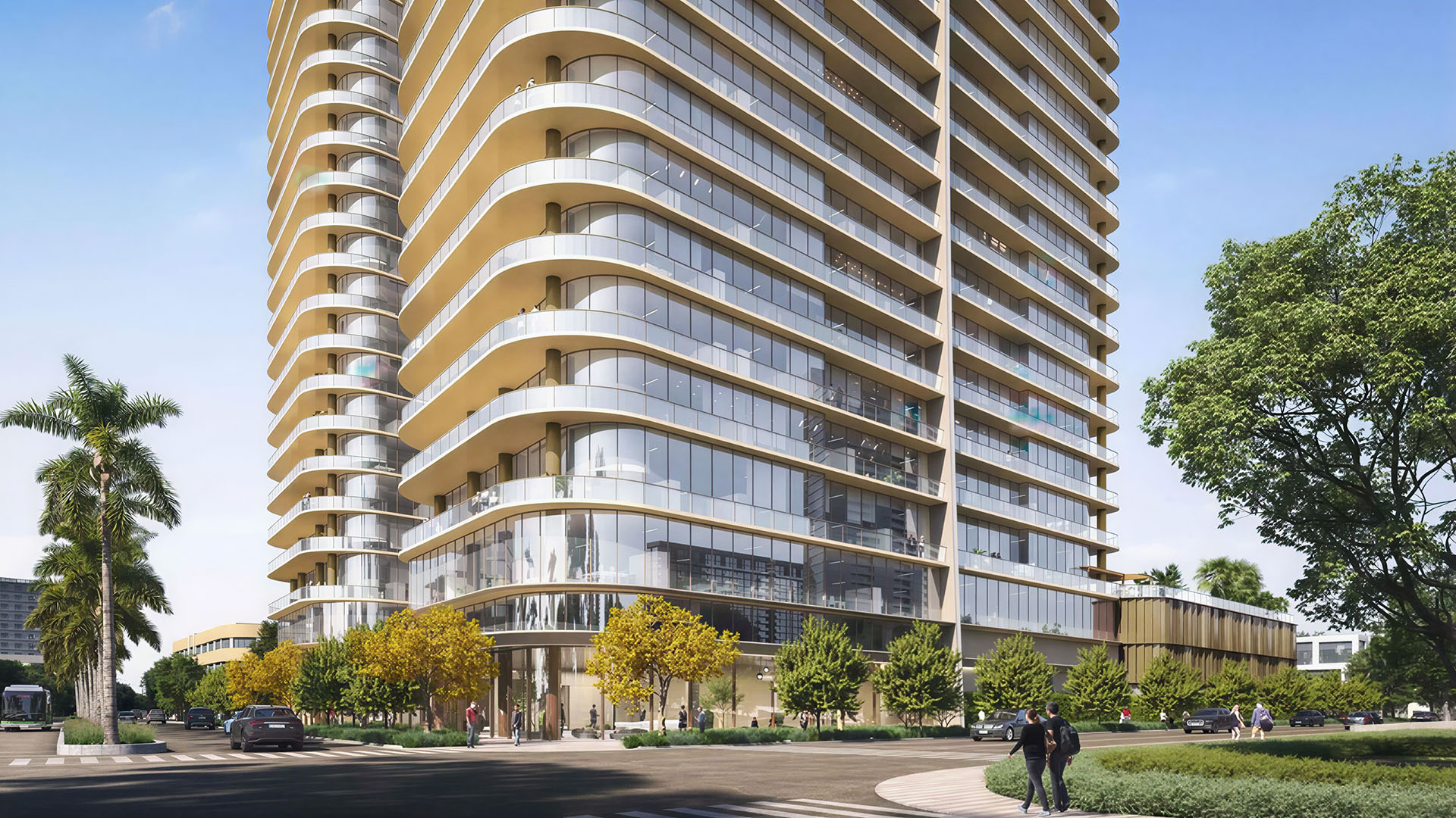 Kempinski Residences Miami in Miami Design District, luxury and ultra luxury condos, preconstruction street-corner exterior highlighting curved glass facades, wraparound balconies, double-height lobby glazing, and landscaped sidewalks.