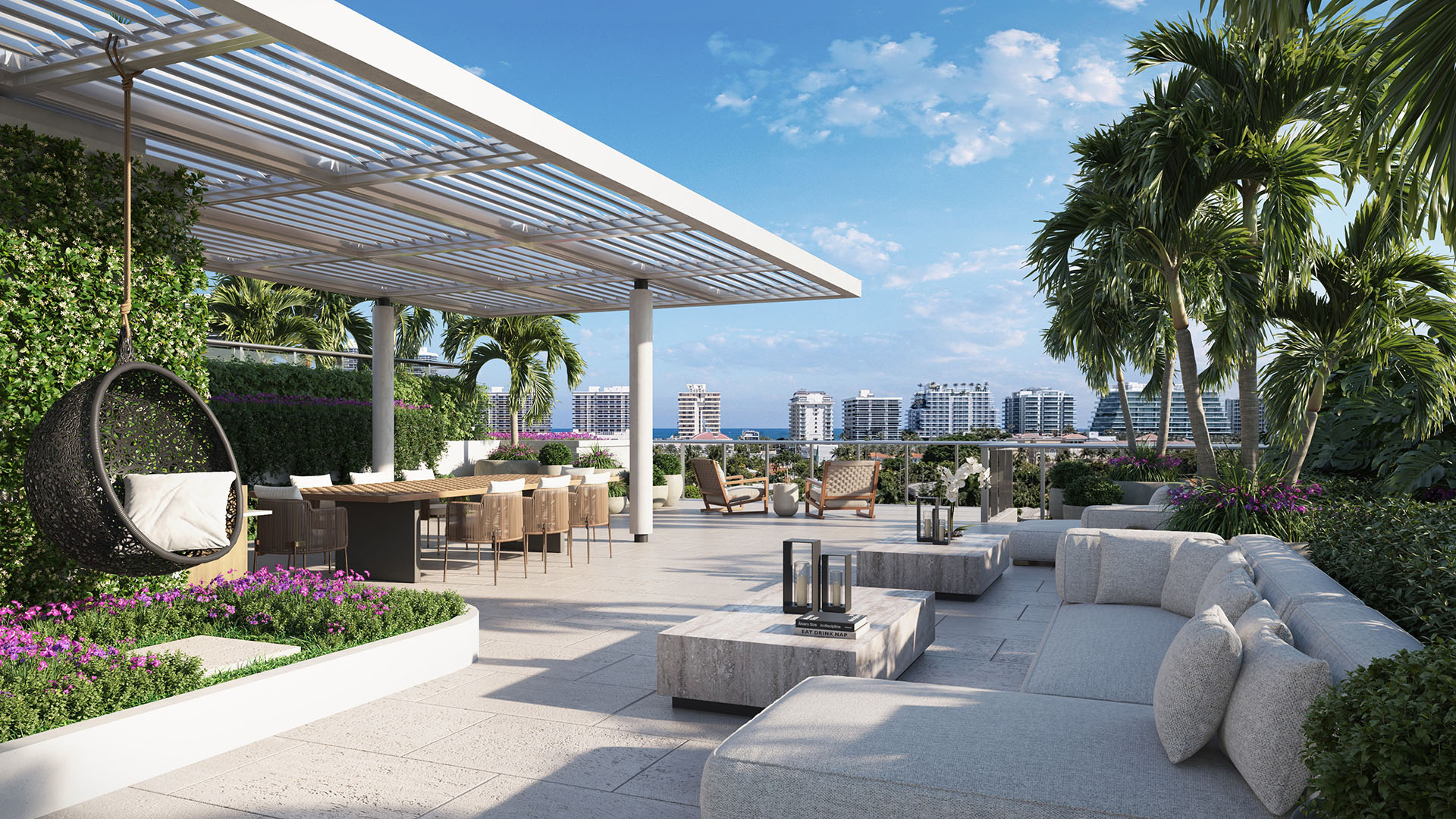 La Baia North Bay Harbor Islands, Miami, Florida rooftop adult lounge terrace with pergola dining, outdoor seating and skyline views, for luxury and ultra luxury preconstruction condos.