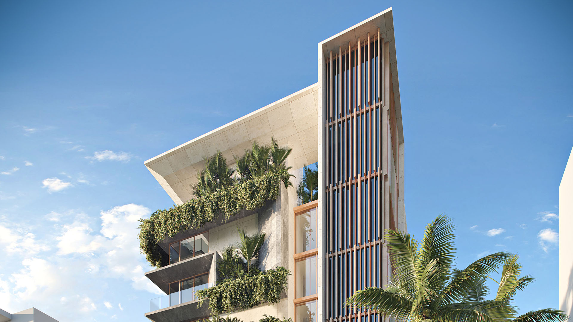 Architectural detail of vertical slat facade, cantilever roof and lush green terraces at La Mare Signature Tower, Bay Harbor Islands, Miami, Florida, highlighting luxury and ultra luxury preconstruction condos design.