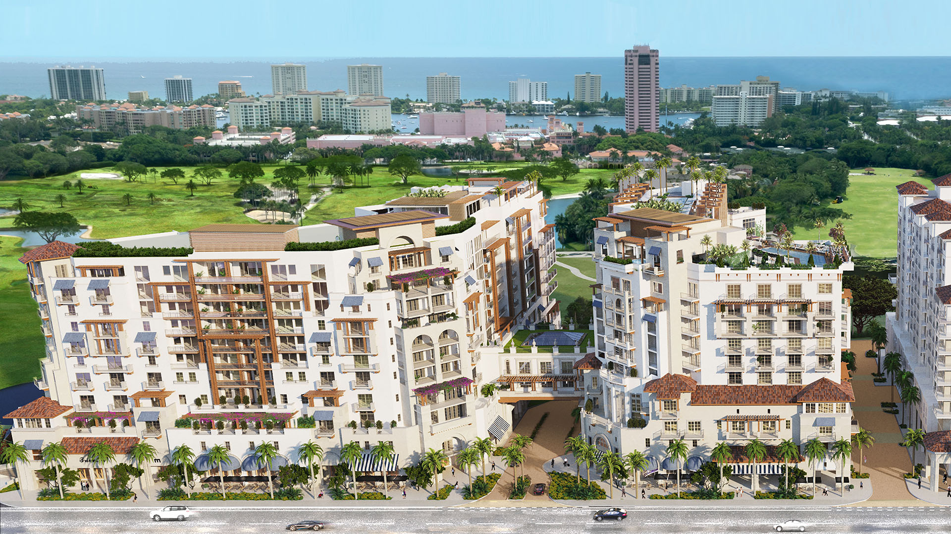 Mandarin Oriental Residences Boca Raton, Florida aerial rendering of mixed-use towers with rooftop amenities beside a golf course and ocean horizon, showcasing luxury and ultra luxury preconstruction condos and retail.