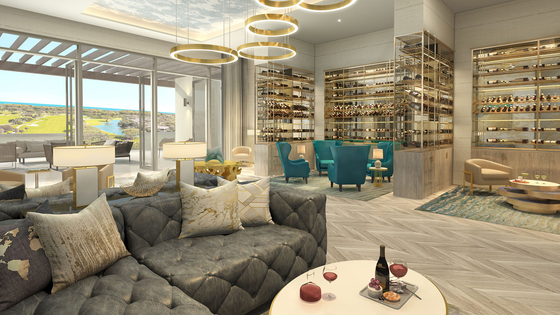 Mandarin Oriental Residences Boca Raton, Florida wine lounge seating with wine wall displays, lounge chairs and terrace overlooking golf course, reinforcing luxury and ultra luxury preconstruction condos social spaces.