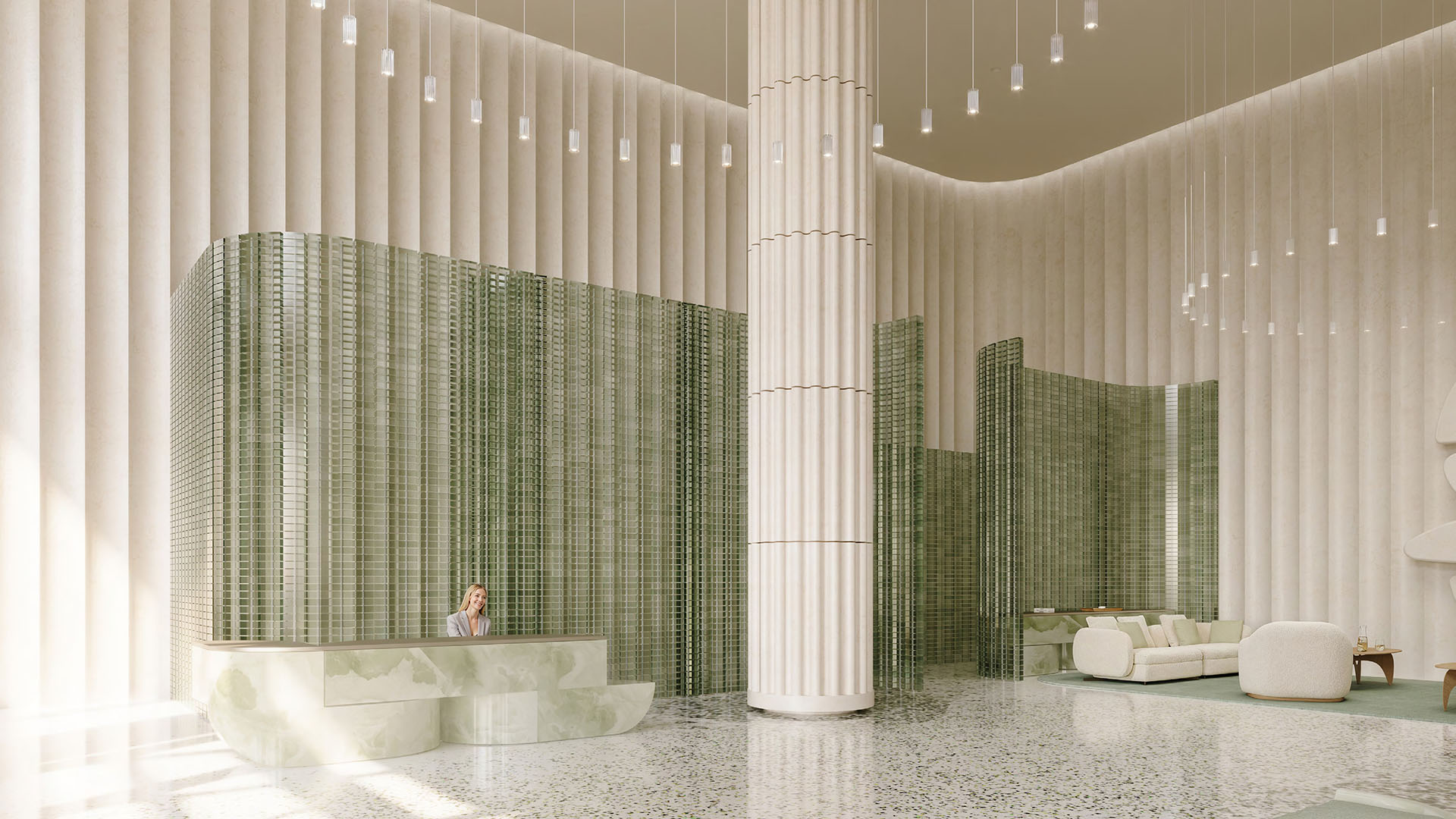 Preconstruction Miami Design Residences in Miami Design District, luxury and ultra luxury condos with a double-height lobby, reception desk, fluted columns and green tile walls.