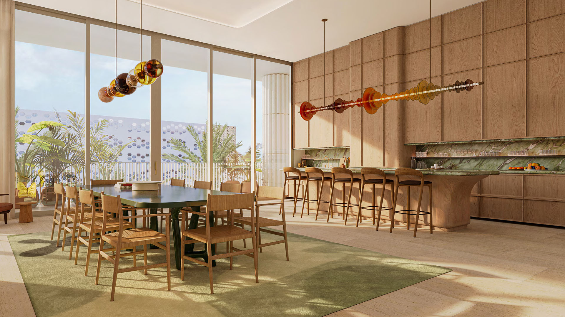 Preconstruction Miami Design Residences in Miami Design District, luxury and ultra luxury condos with a private dining room, bar seating, open kitchen and terrace-facing windows.