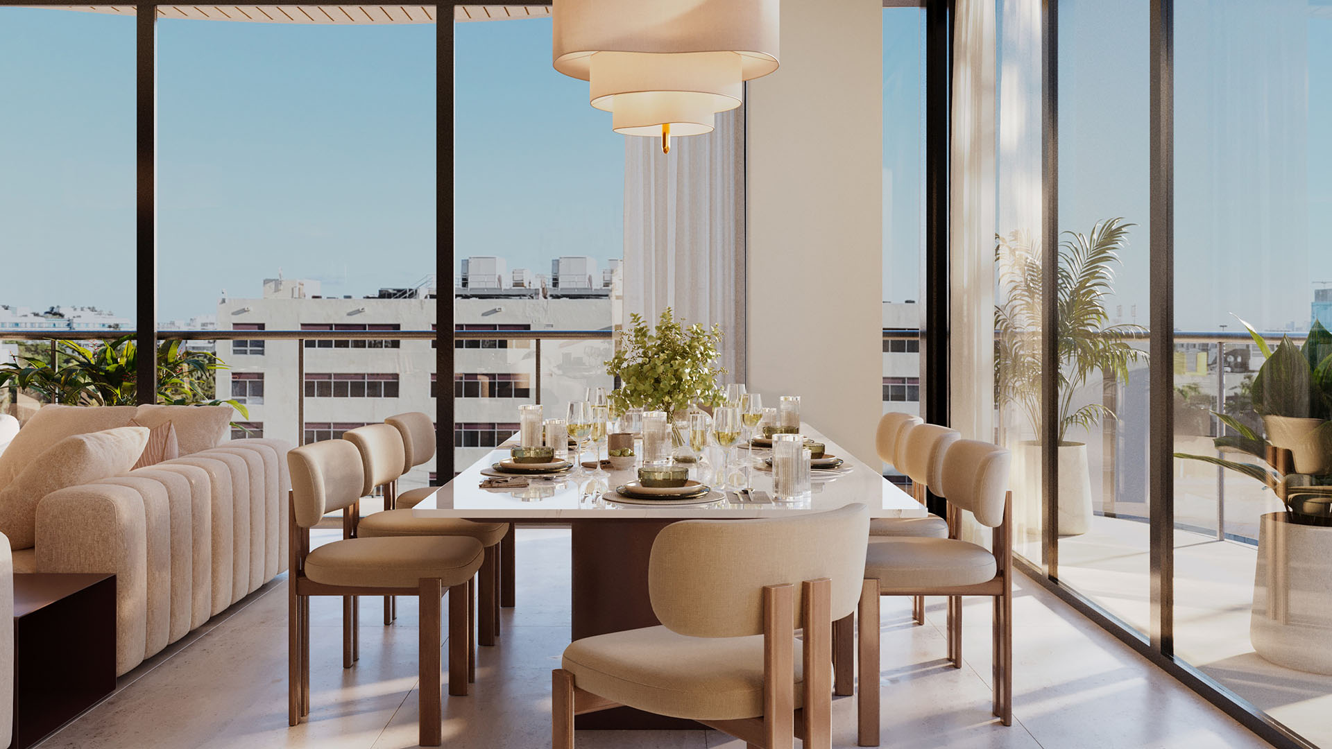 Mila Bay Harbor Islands preconstruction luxury and ultra luxury condos in Bay Harbor Islands with a formal dining room, floor-to-ceiling corner glass, terrace access, and a bright open view over the neighborhood.