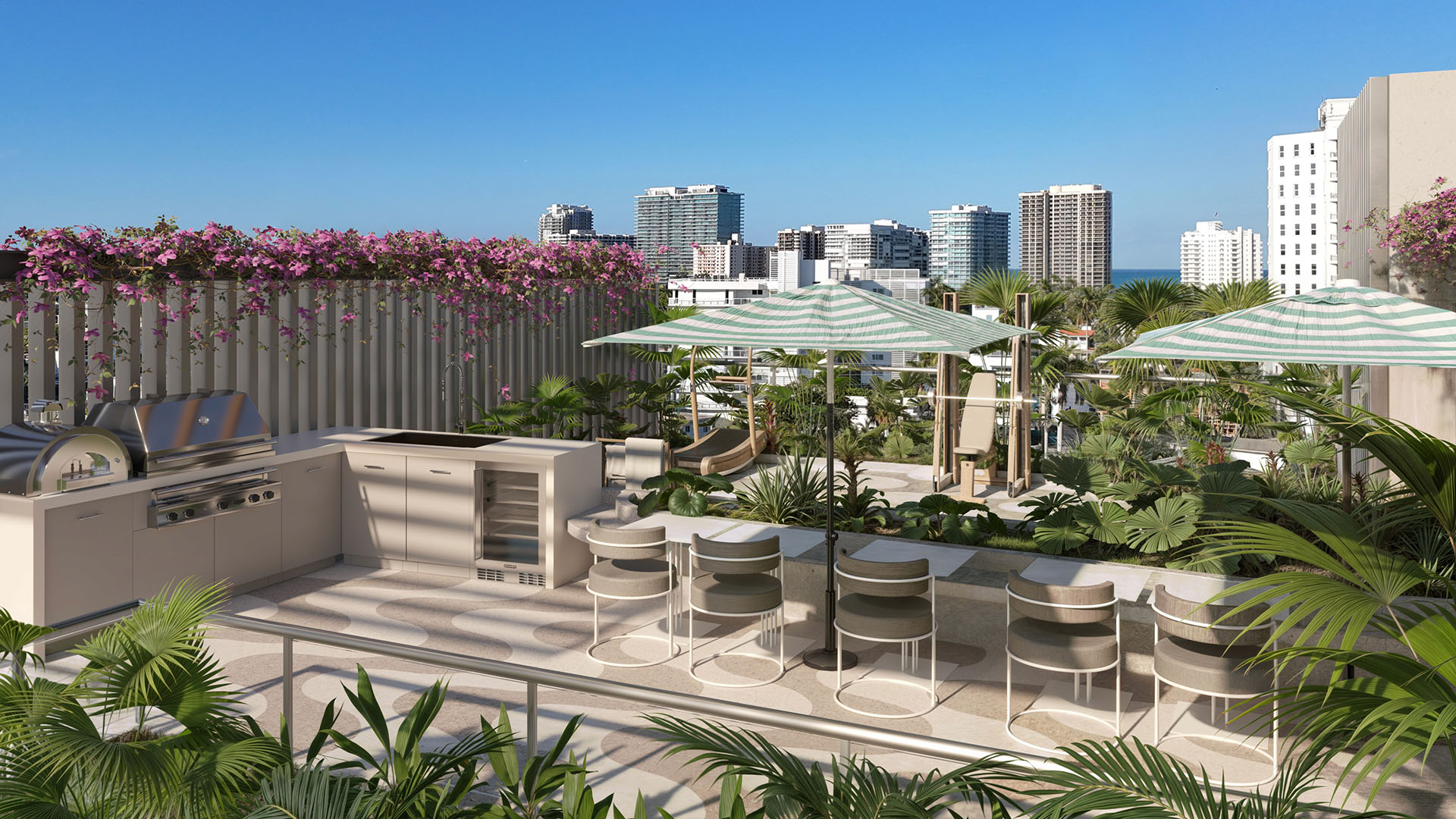 Mila Bay Harbor Islands preconstruction luxury and ultra luxury condos in Bay Harbor Islands with a rooftop summer kitchen, grill, outdoor dining table, tropical landscaping, and nearby skyline views.