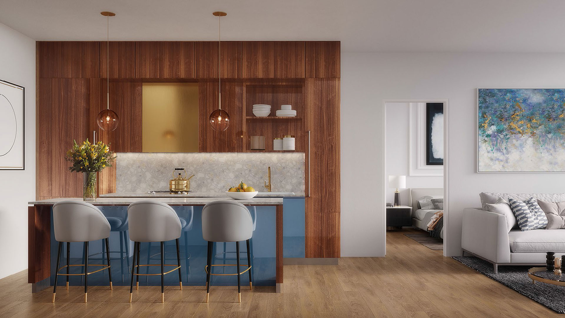 Open kitchen with breakfast bar seating, wood cabinetry, and an adjacent living area at Mr C Residences Bayshore Tower in Coconut Grove, highlighting luxury, ultra luxury condos with warm modern interior detailing.