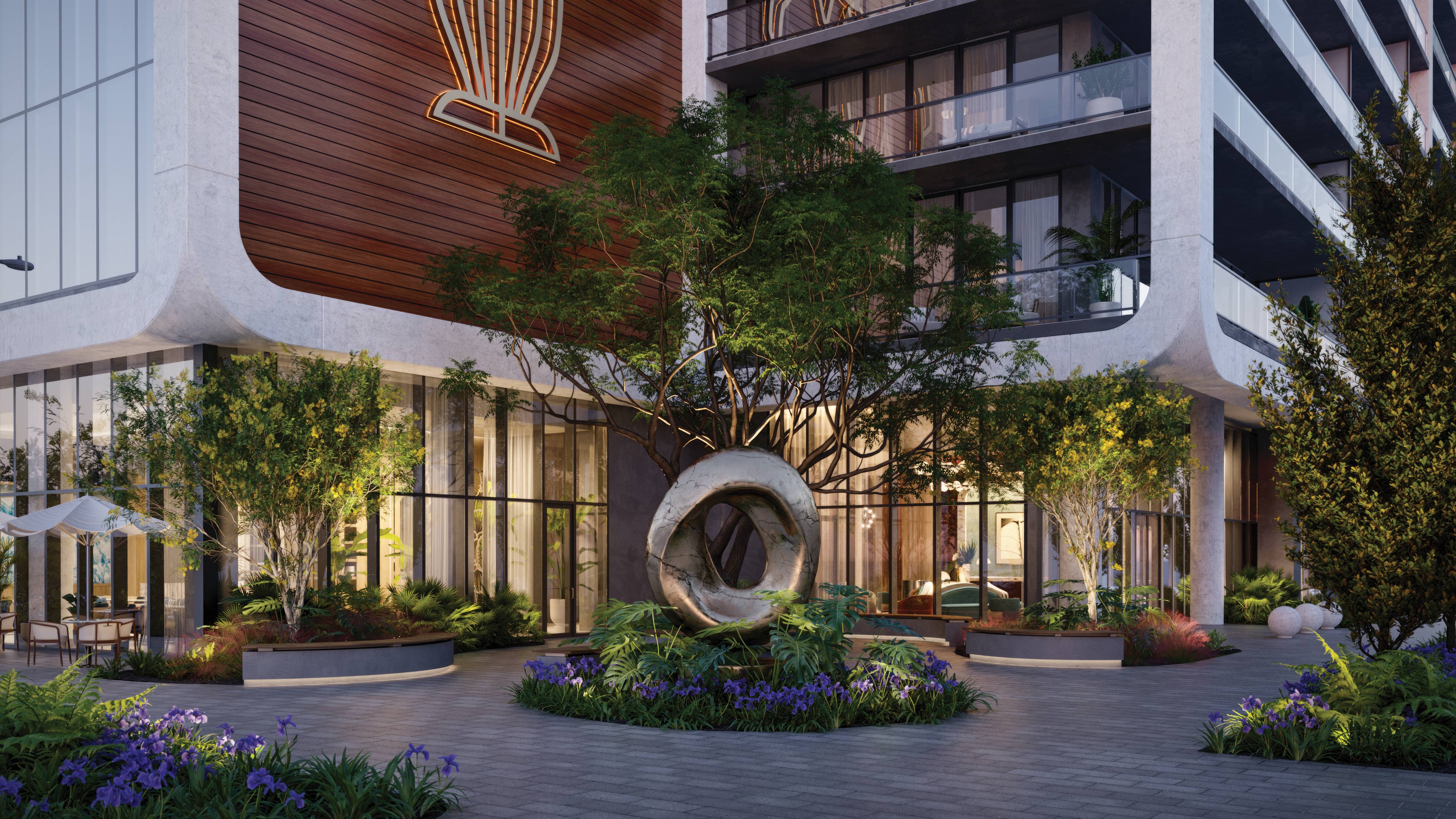 Mr. C Residences West Palm Beach modern facade with garden sculpture, showcasing luxury and ultra luxury preconstruction condos architecture. Featuring architectural.