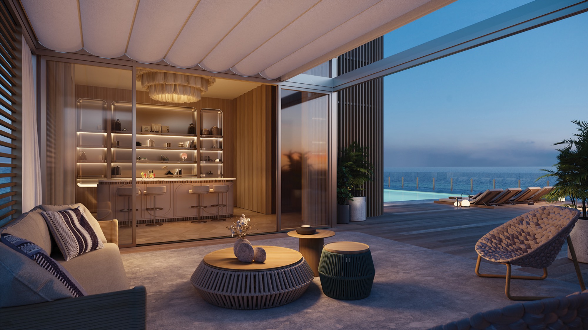 Ocean House, Surfside oceanfront lounge interior; hospitality‑style amenity for luxury and ultra luxury condos; resale. Featuring modern.