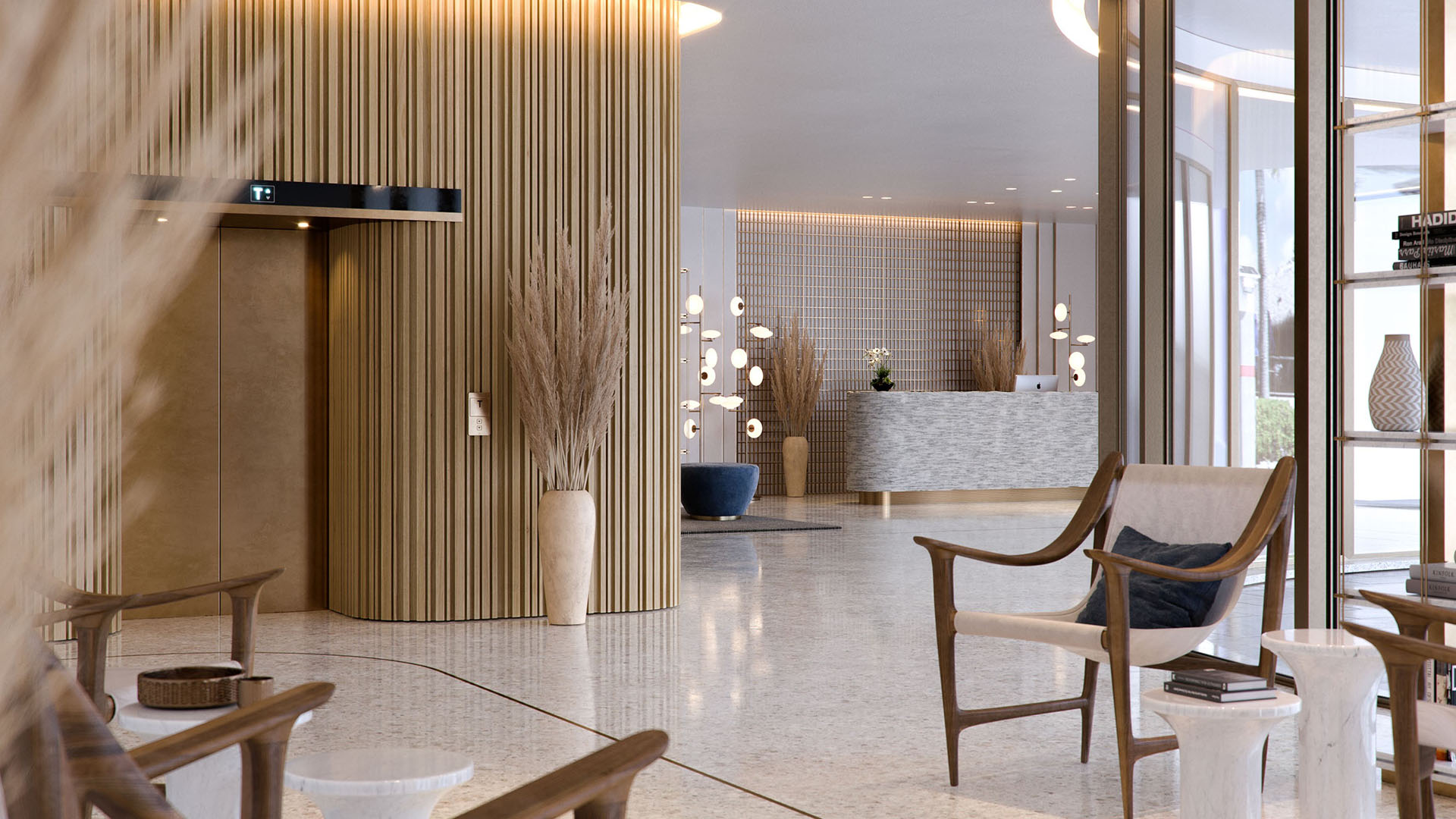 Onda Bay Harbor lobby in Bay Harbor Islands, Miami, Florida with wood-slat elevator surround, lounge seating and reception-luxury and ultra luxury preconstruction condos interior design.
