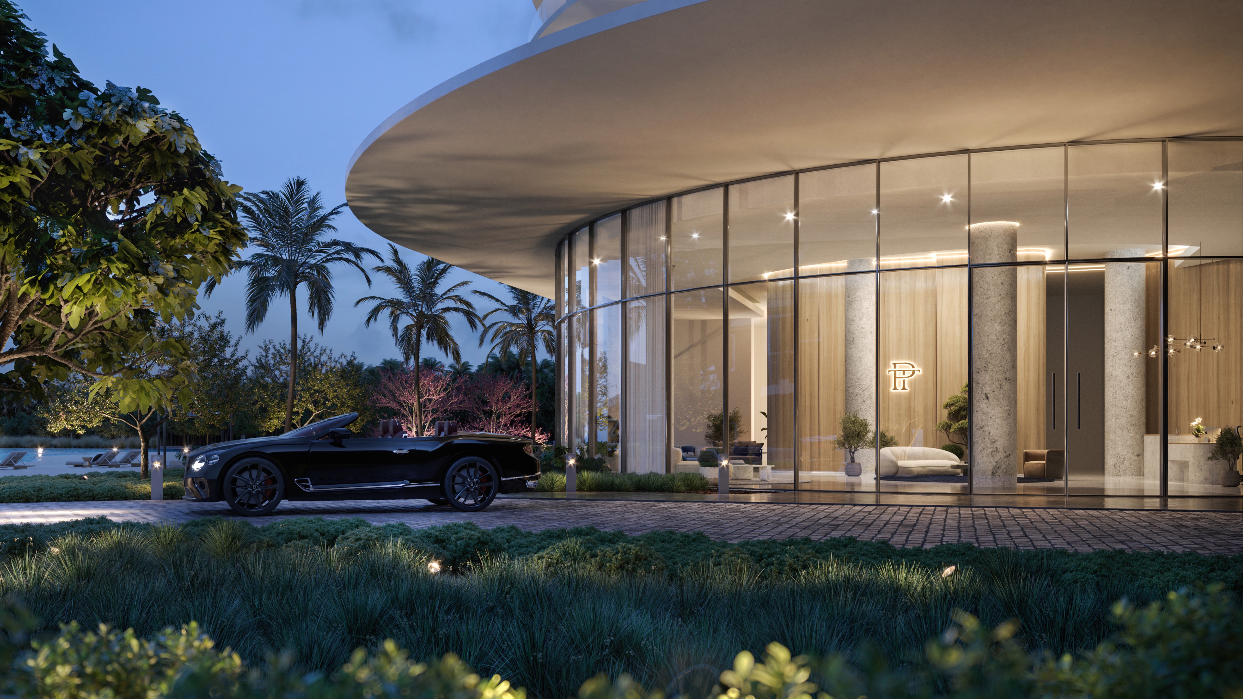 One Park Tower by Turnberry entrance drive with sports car in North Miami; luxury arrival for ultra luxury preconstruction condos. Featuring home and exterior.