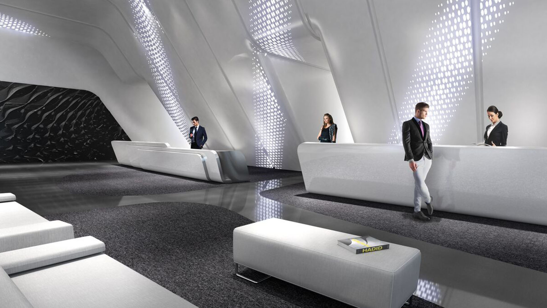Arrival lobby at One Thousand Museum in Downtown Miami with sculptural walls, glossy floors, and sleek reception desks serving luxury and ultra luxury condos.
